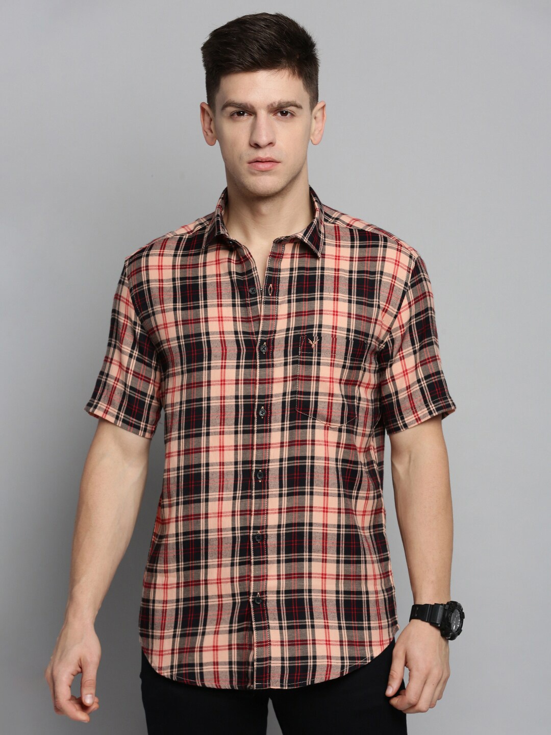 

SHOWOFF Men Comfort Tartan Checked Cotton Casual Shirt, Peach