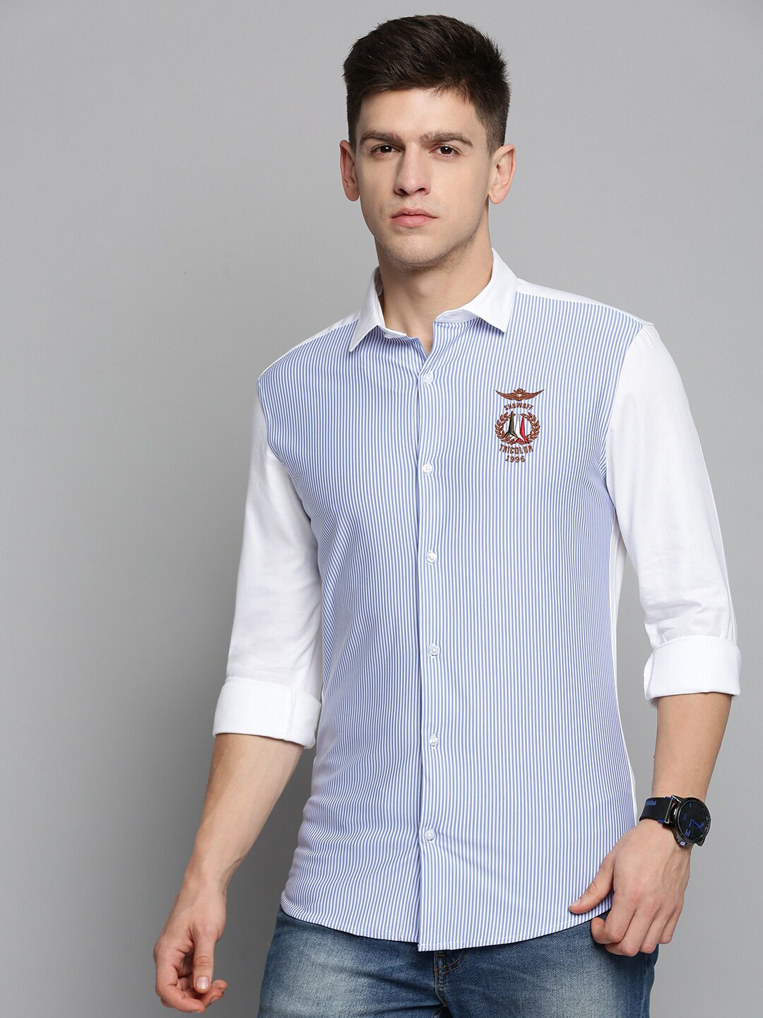 

SHOWOFF Men Classic Striped Embroidered Casual Cotton Shirt, Blue