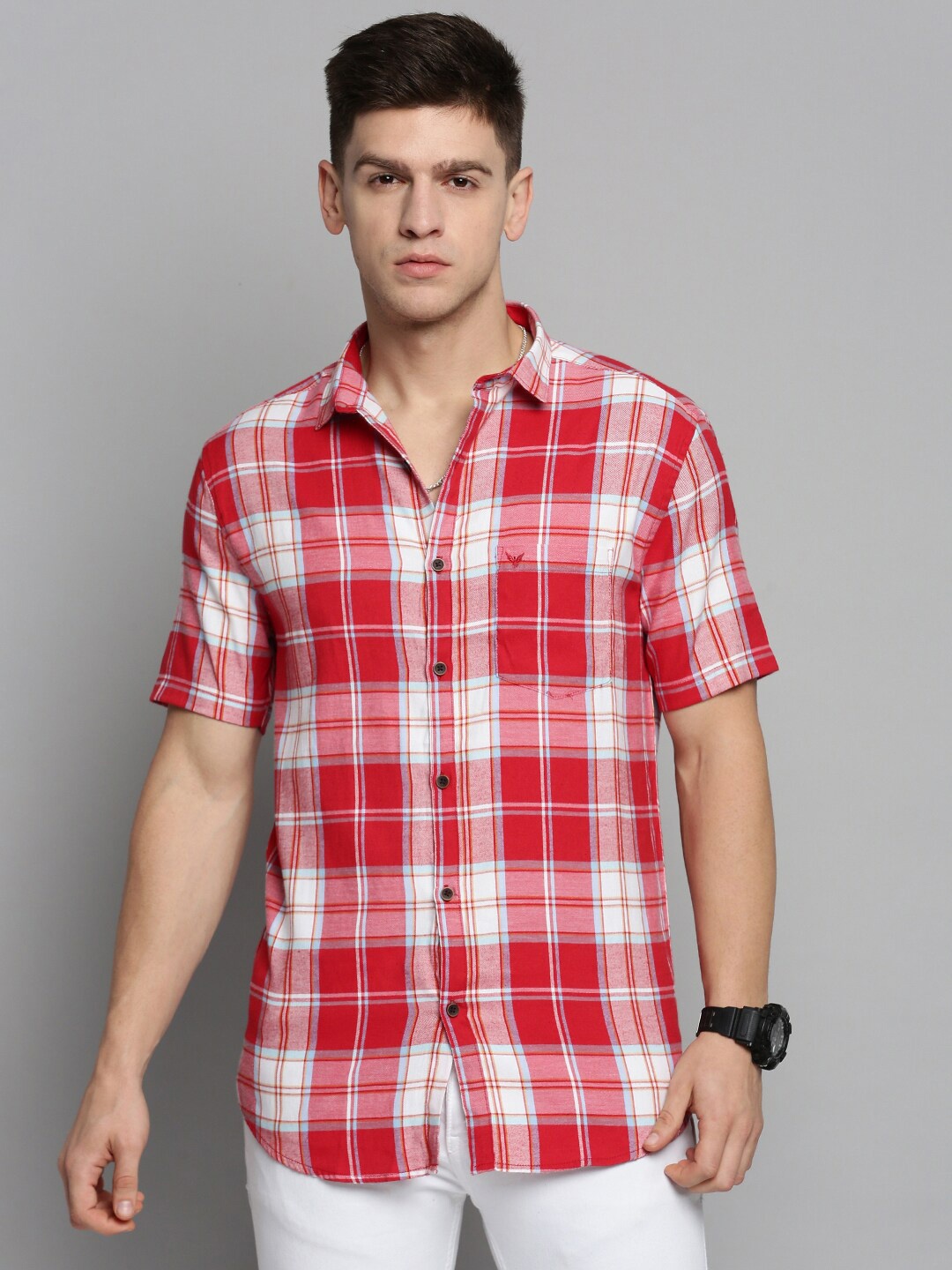 

SHOWOFF Men Classic Tartan Checked Twill Casual Cotton Shirt, Red