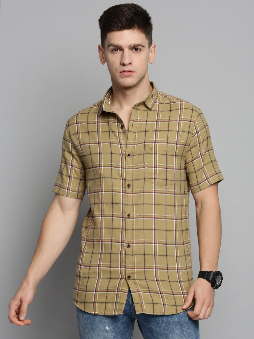 

SHOWOFF Men Classic Tartan Checked Twill Weave Casual Cotton Shirt, Khaki