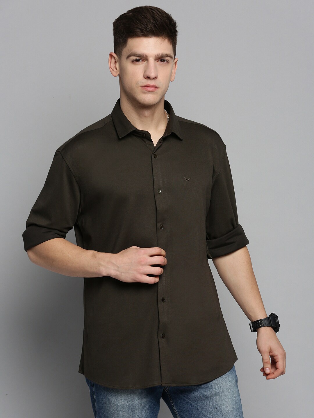 

SHOWOFF Men Comfort Slim Fit Knitted Casual Cotton Shirt, Olive