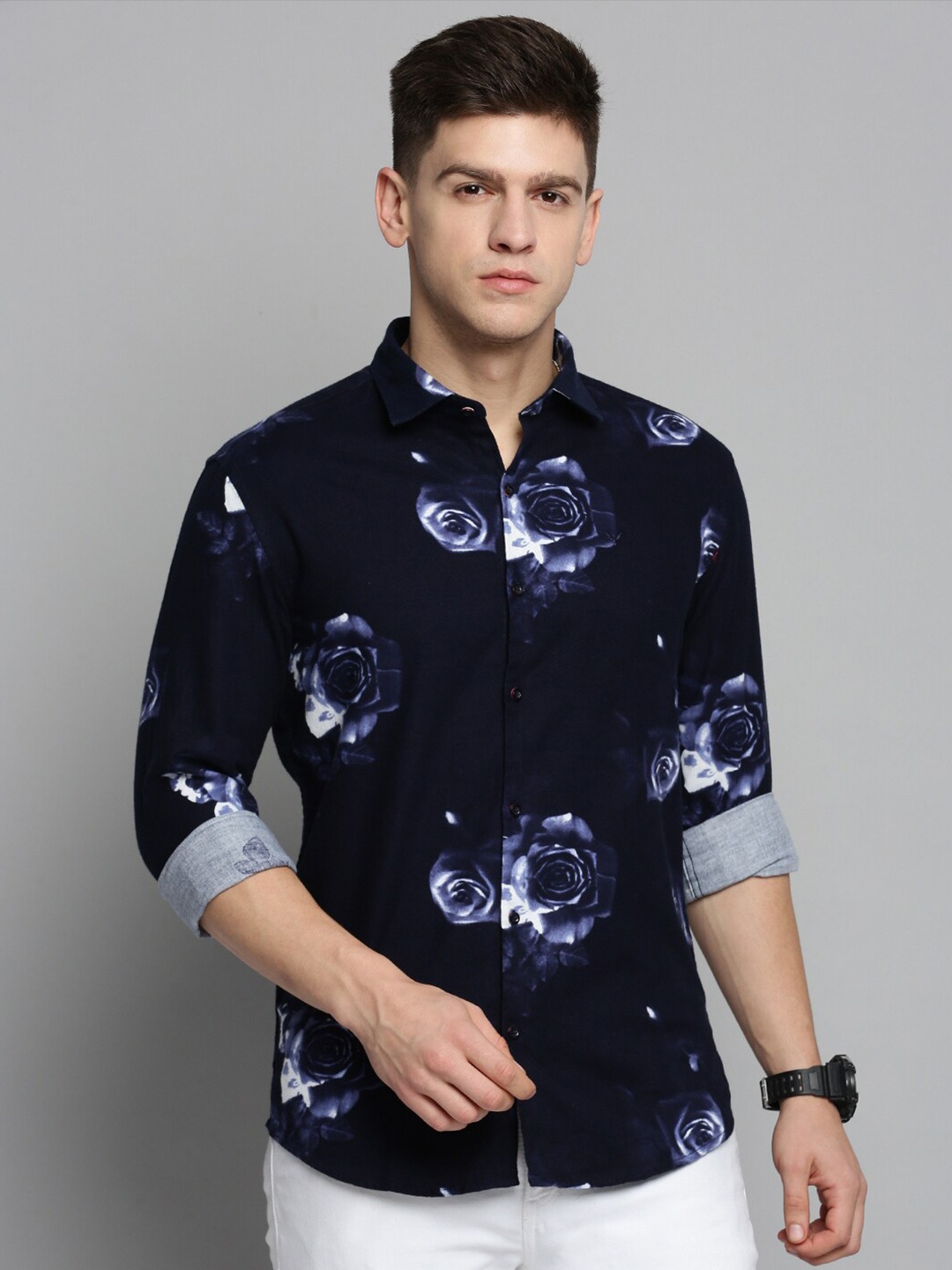 

SHOWOFF Men Comfort Floral Printed Casual Cotton Shirt, Navy blue