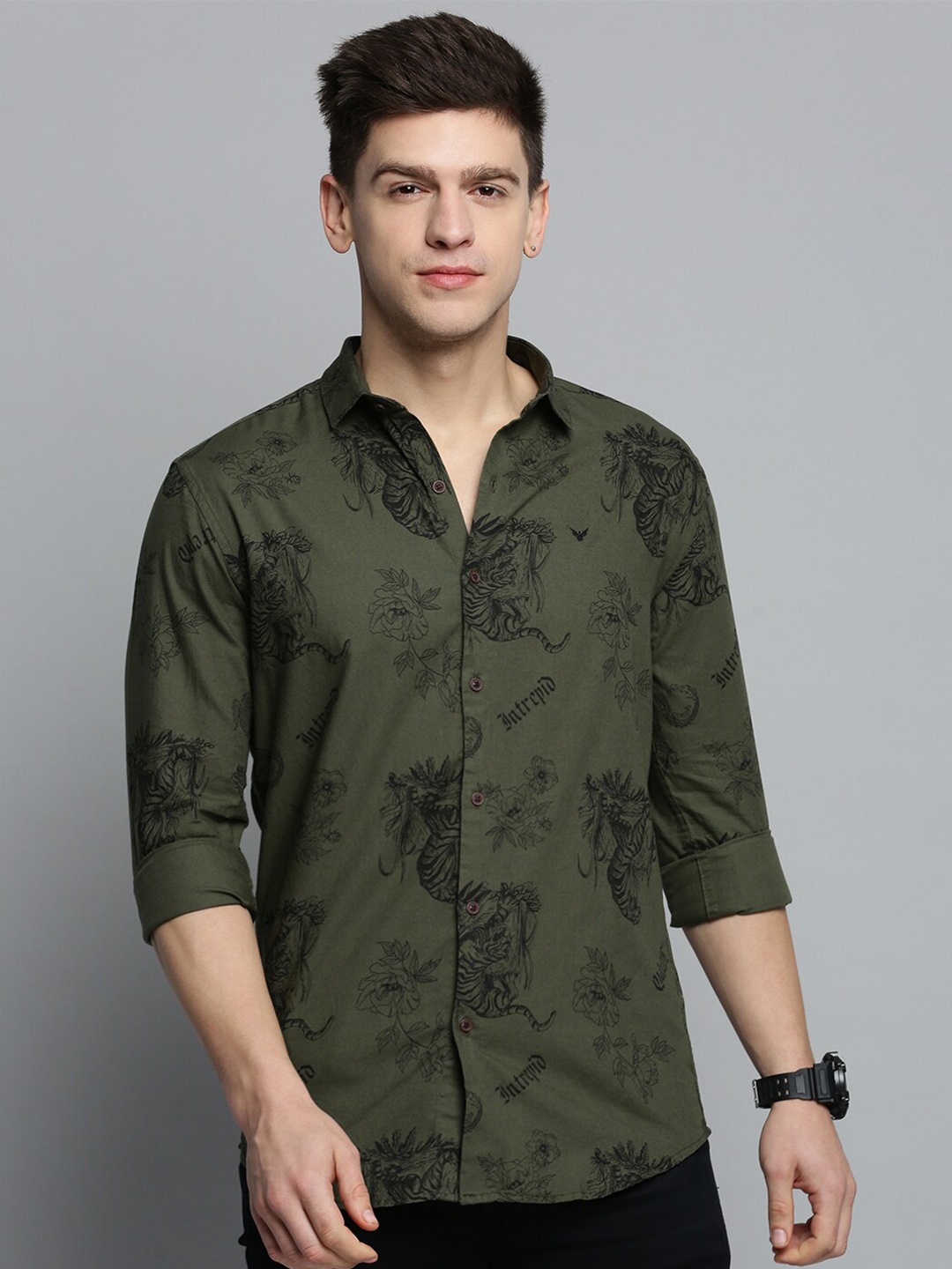 

SHOWOFF Men Comfort Floral Printed Casual Cotton Shirt, Olive