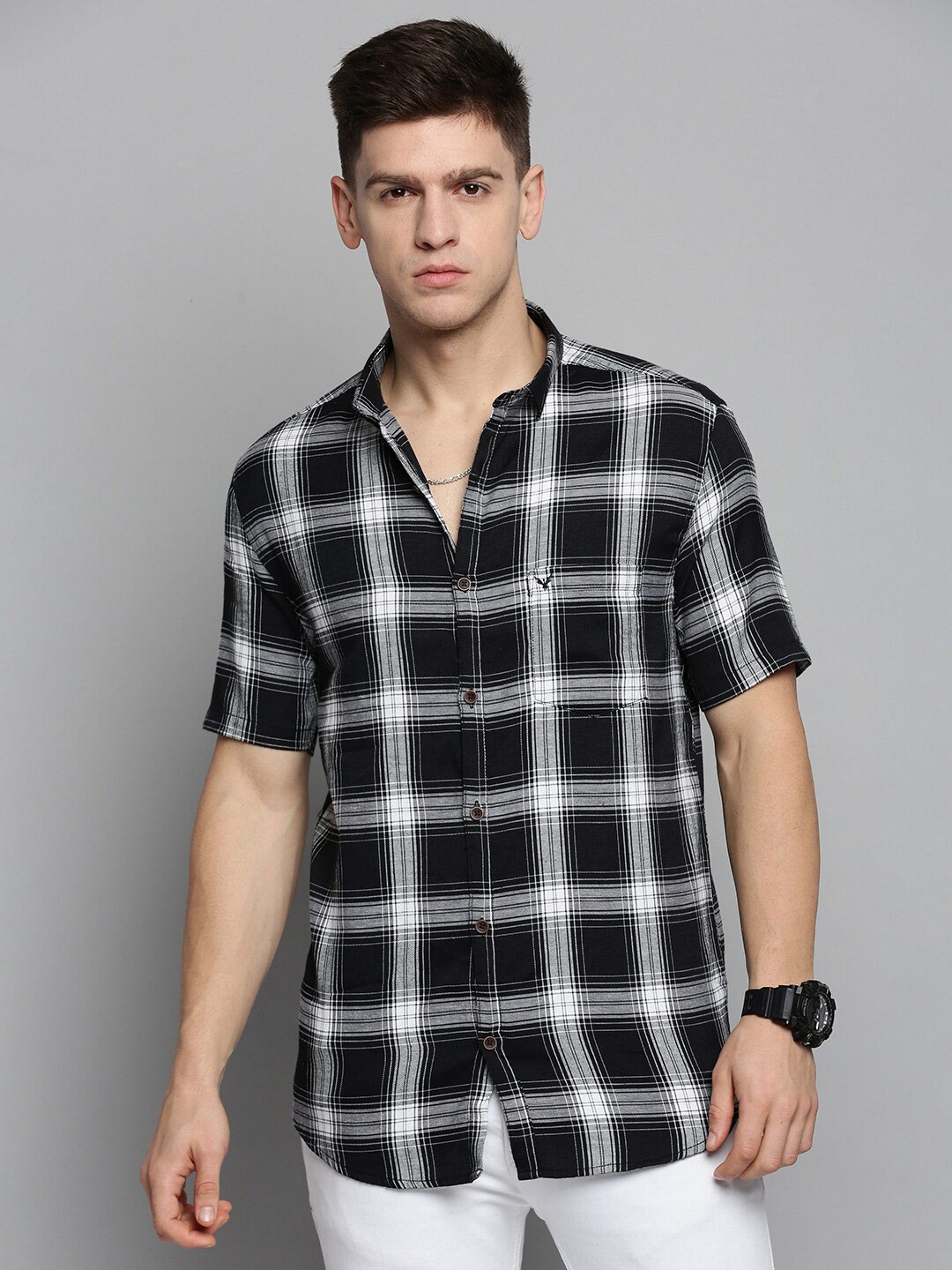 

SHOWOFF Men Classic Tartan Checked Twill Weave Casual Cotton Shirt, Black