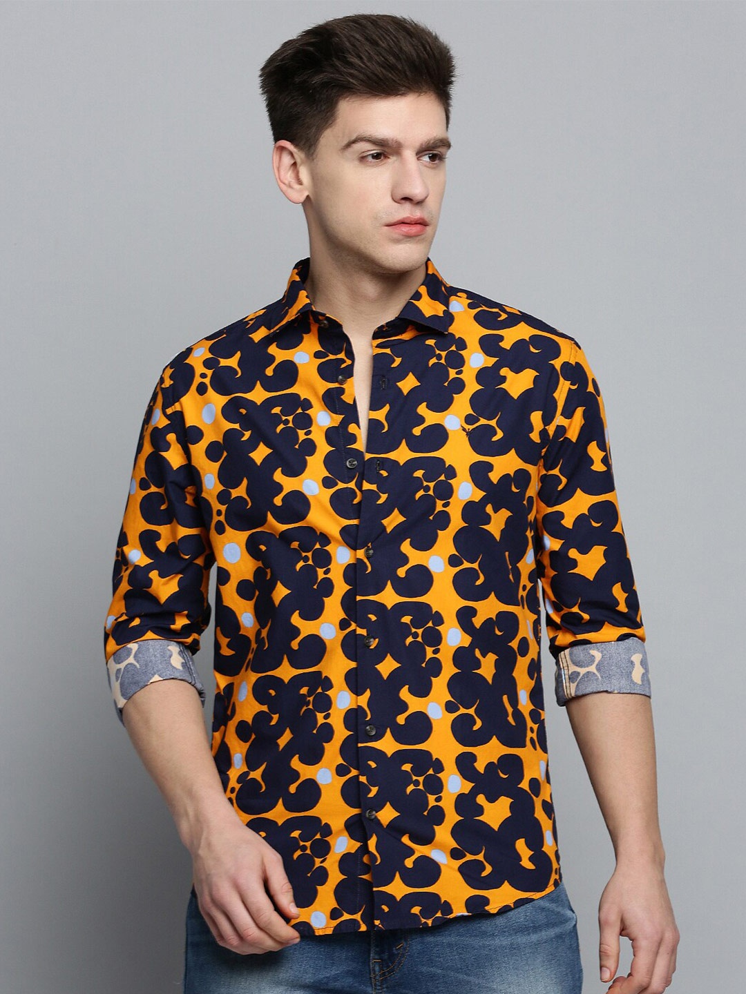 

SHOWOFF Men Comfort Abstract Printed Casual Cotton Shirt, Mustard