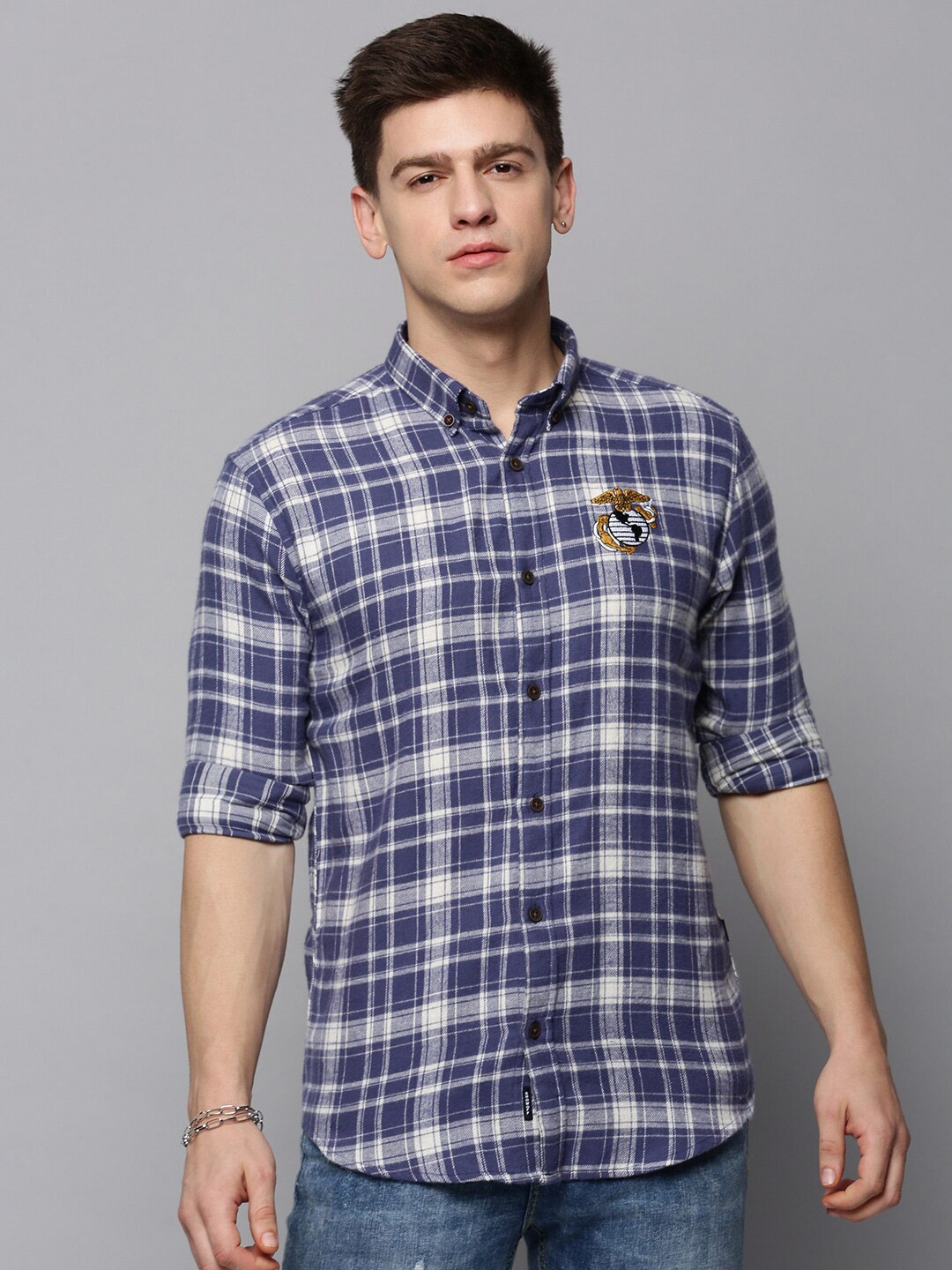 

SHOWOFF Men Classic Tartan Checked Casual Cotton Shirt, Navy blue