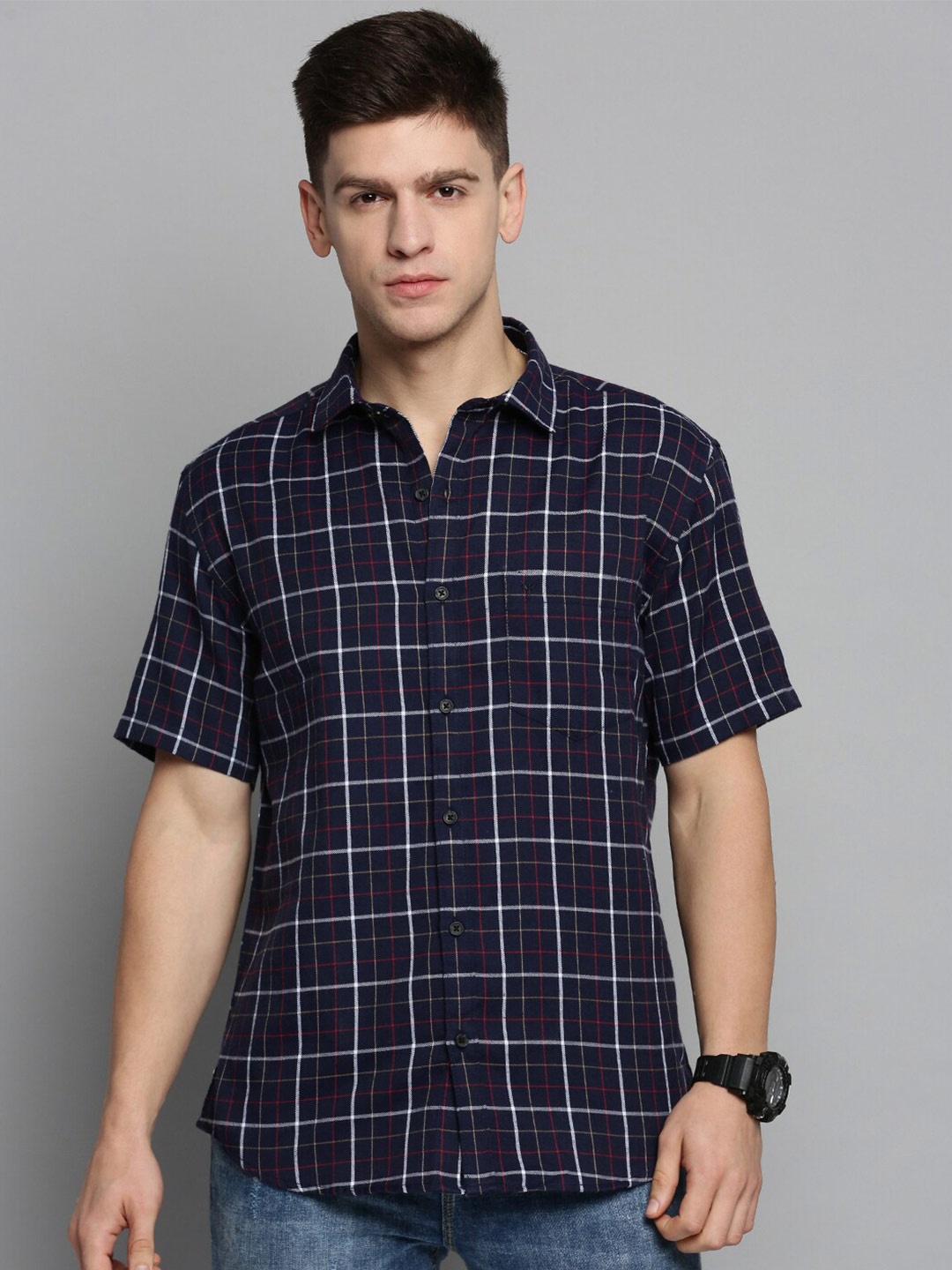

SHOWOFF Men Comfort Tartan Checked Casual Cotton Shirt, Navy blue