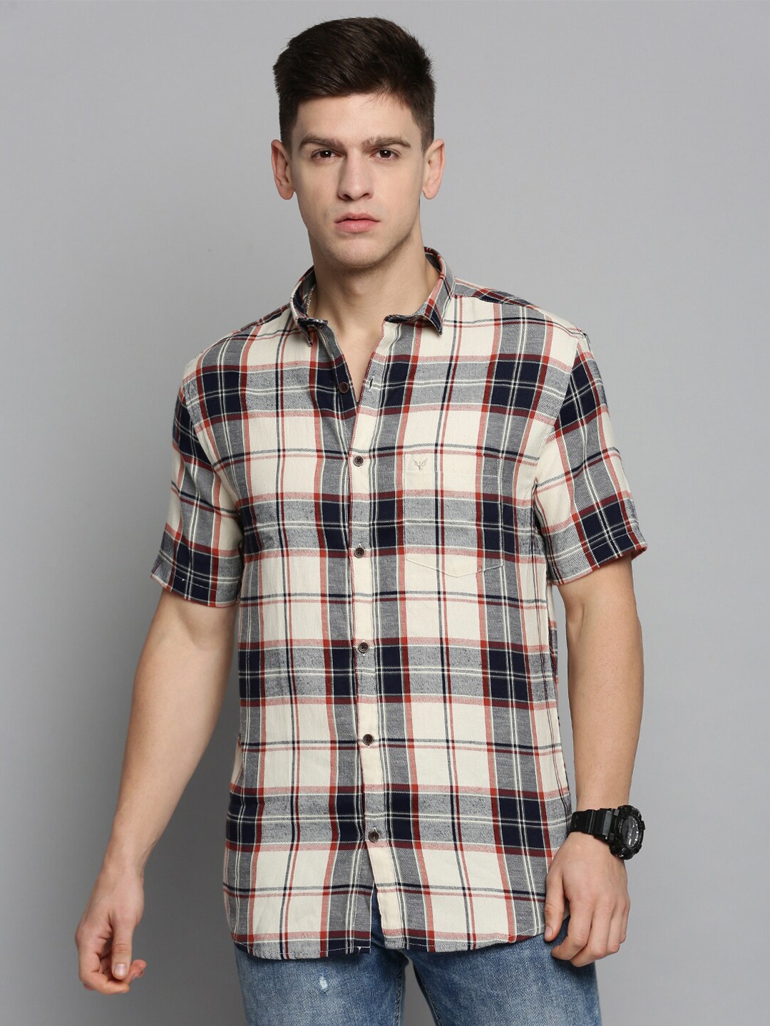 

SHOWOFF Men Classic Tartan Checked Casual Cotton Shirt, Cream