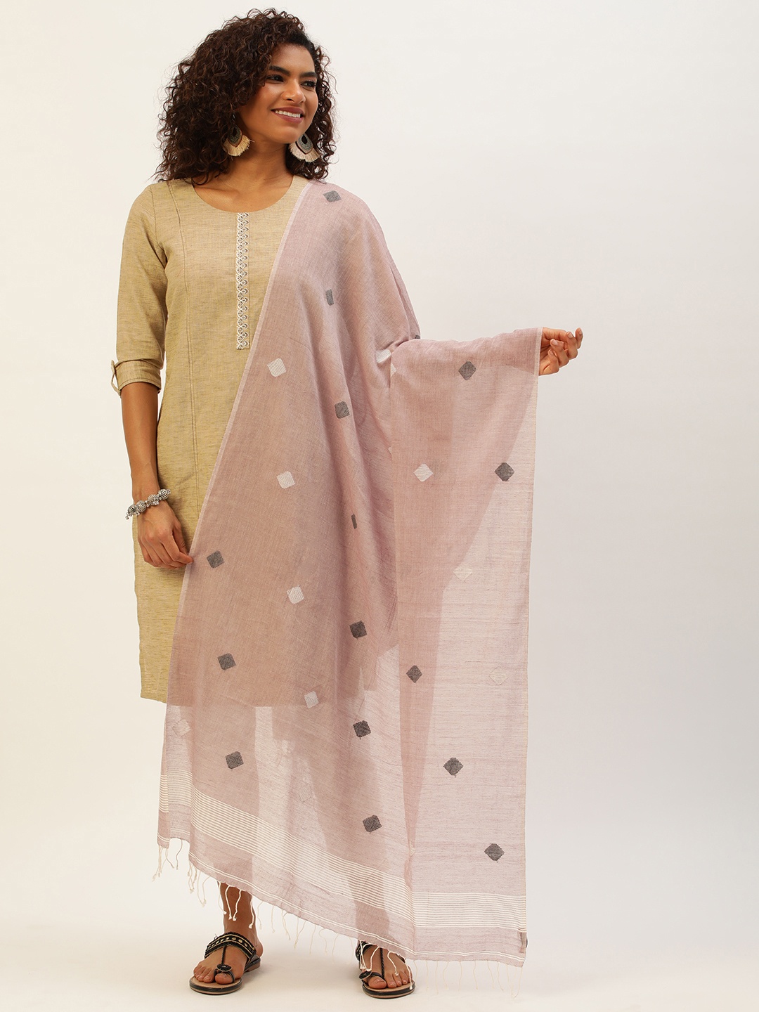 

ArtEastri Geometric Woven Design Cotton Jamdani Dupatta, Tan