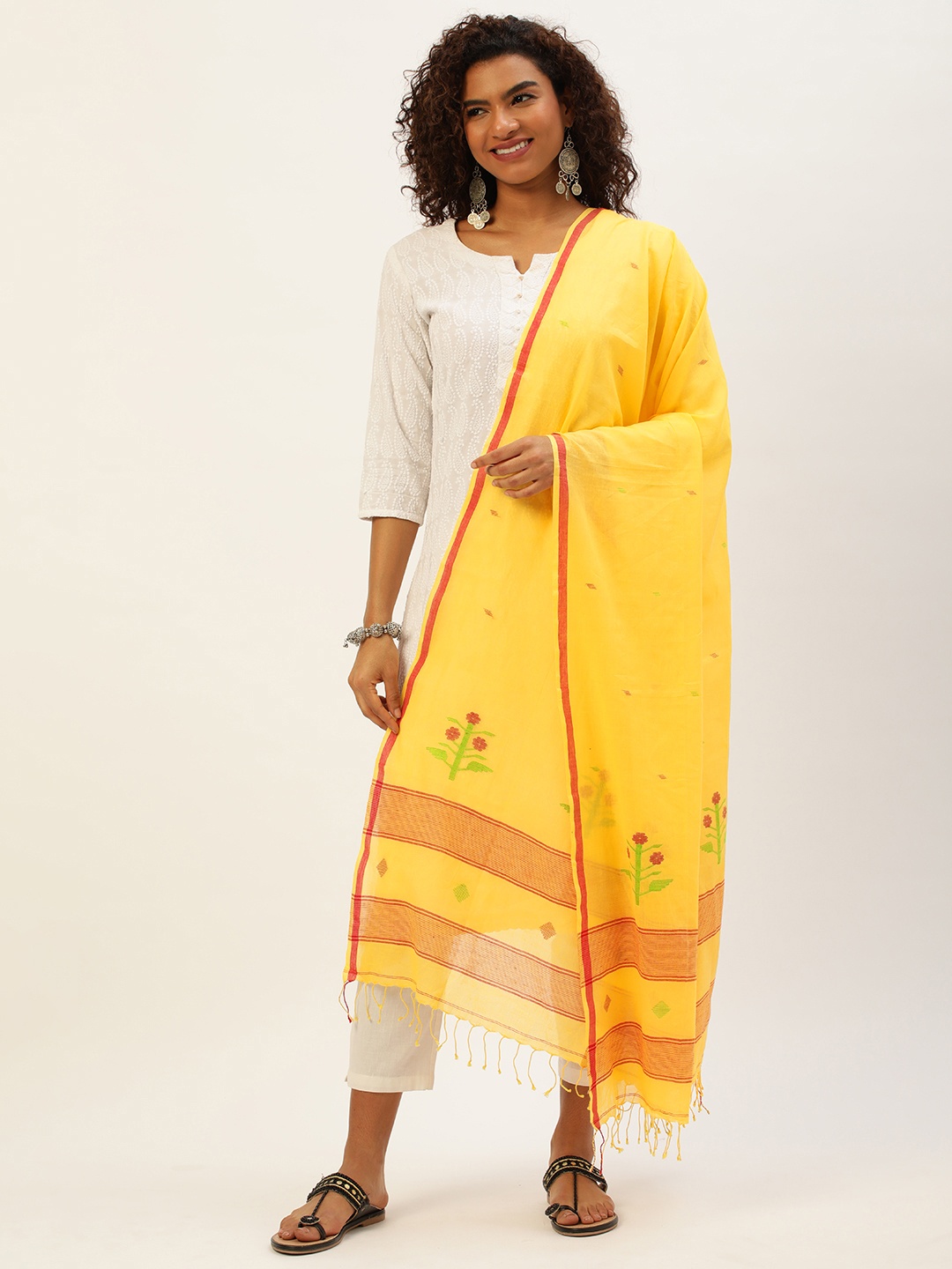 

ArtEastri Ethnic Motifs Woven Design Cotton Jamdani Dupatta, Yellow