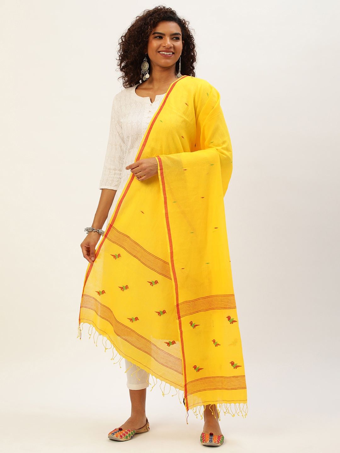 

ArtEastri Ethnic Motifs Woven Design Cotton Jamdani Dupatta, Yellow