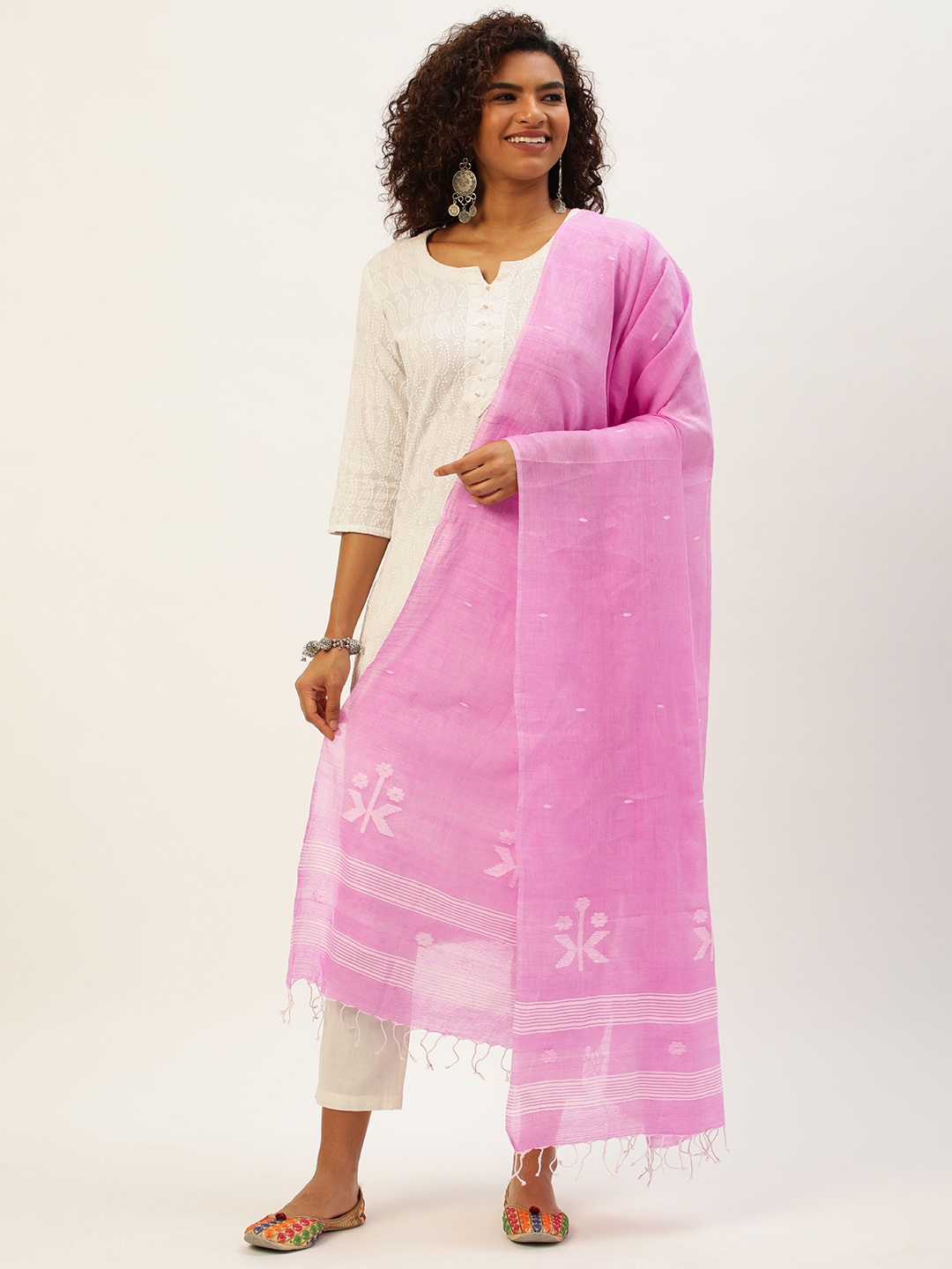 

ArtEastri Ethnic Motifs Woven Design Cotton Jamdani Dupatta, Pink