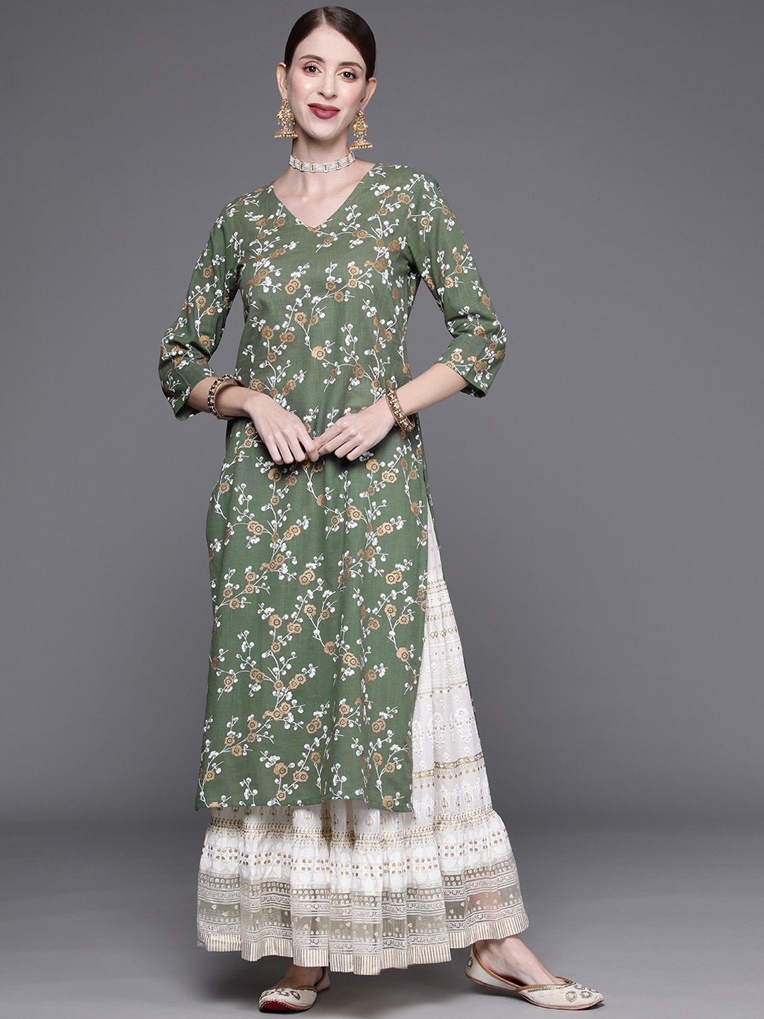

KALINI Women Floral Printed Block Print Kurta, Green