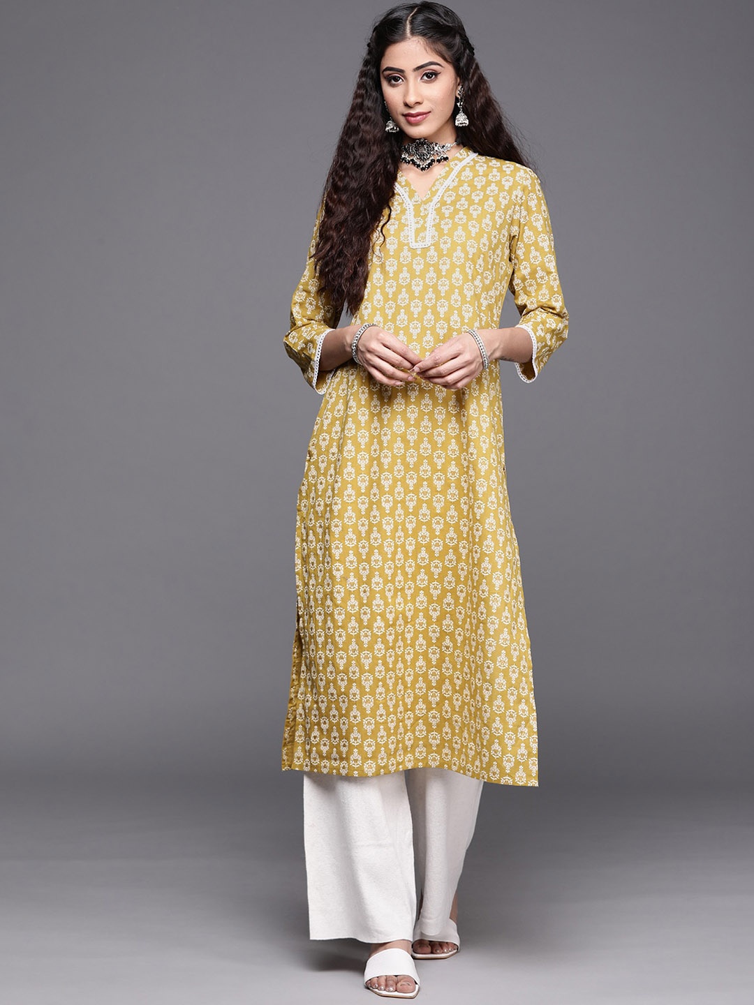 

KALINI V-Neck Ethnic Motifs Printed Straight Cotton Kurta, Mustard