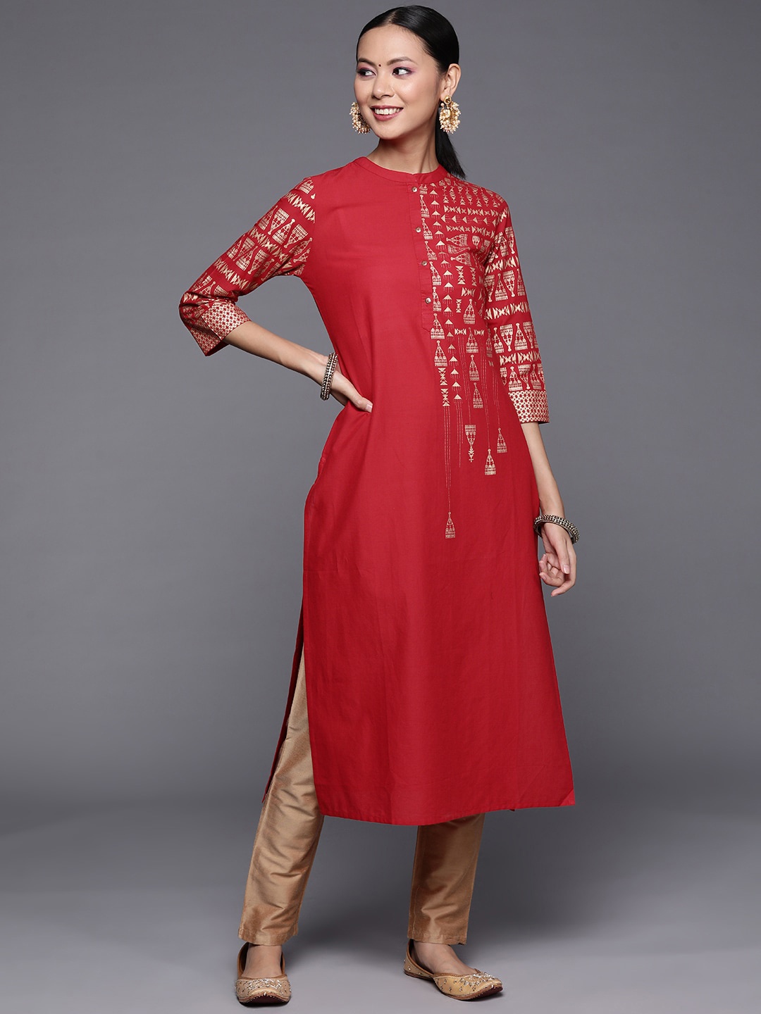

KALINI Women Band Collar Geometric Printed Cotton Kurta, Maroon