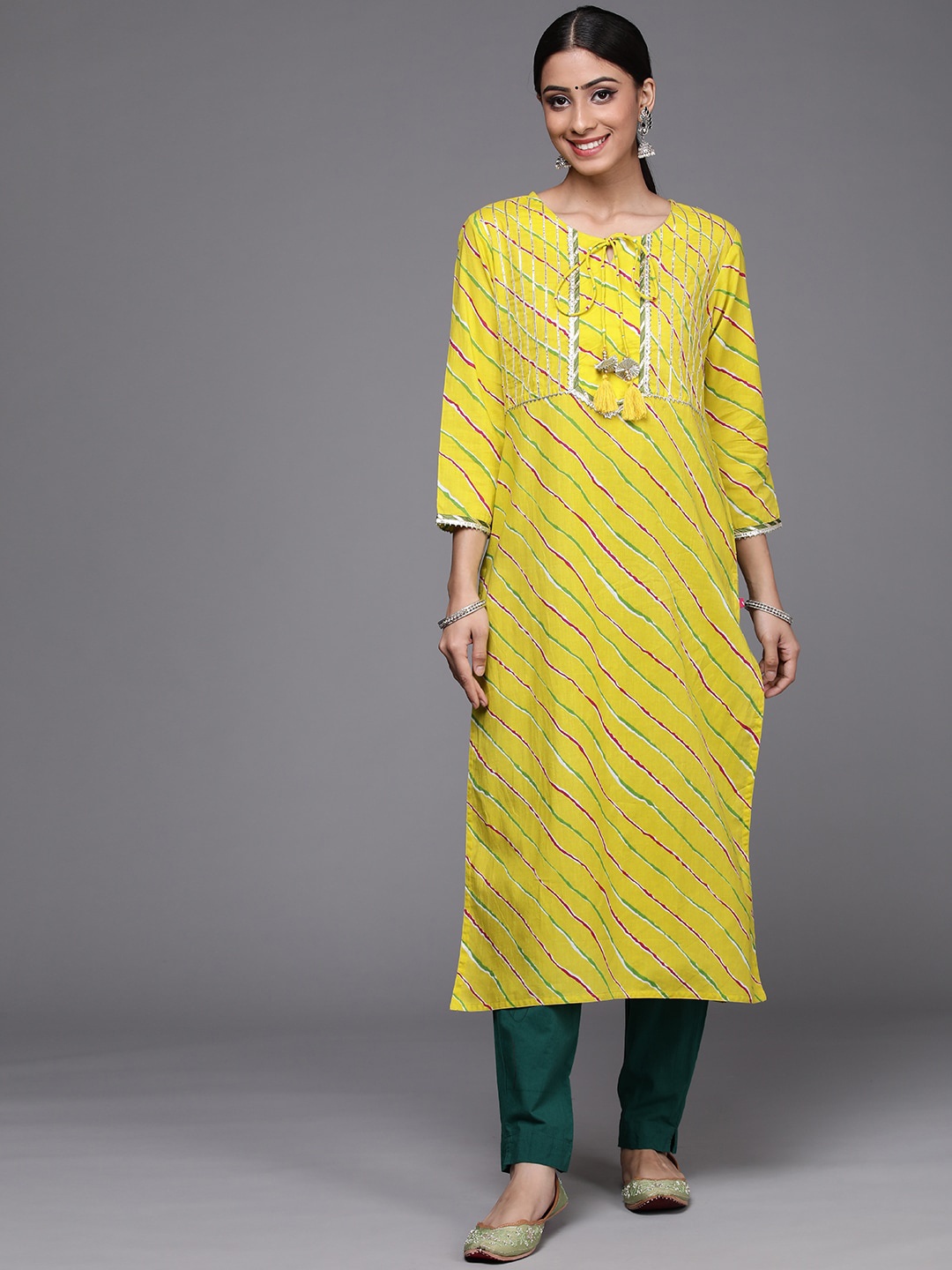 

KALINI Women Round Neck Striped Leheriya Cotton Kurta, Yellow