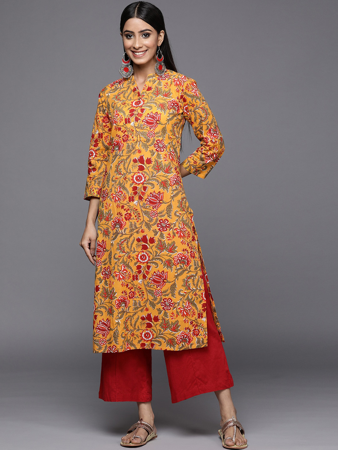 

KALINI Women Floral Printed Mandarin Collar Cotton Kurta, Yellow