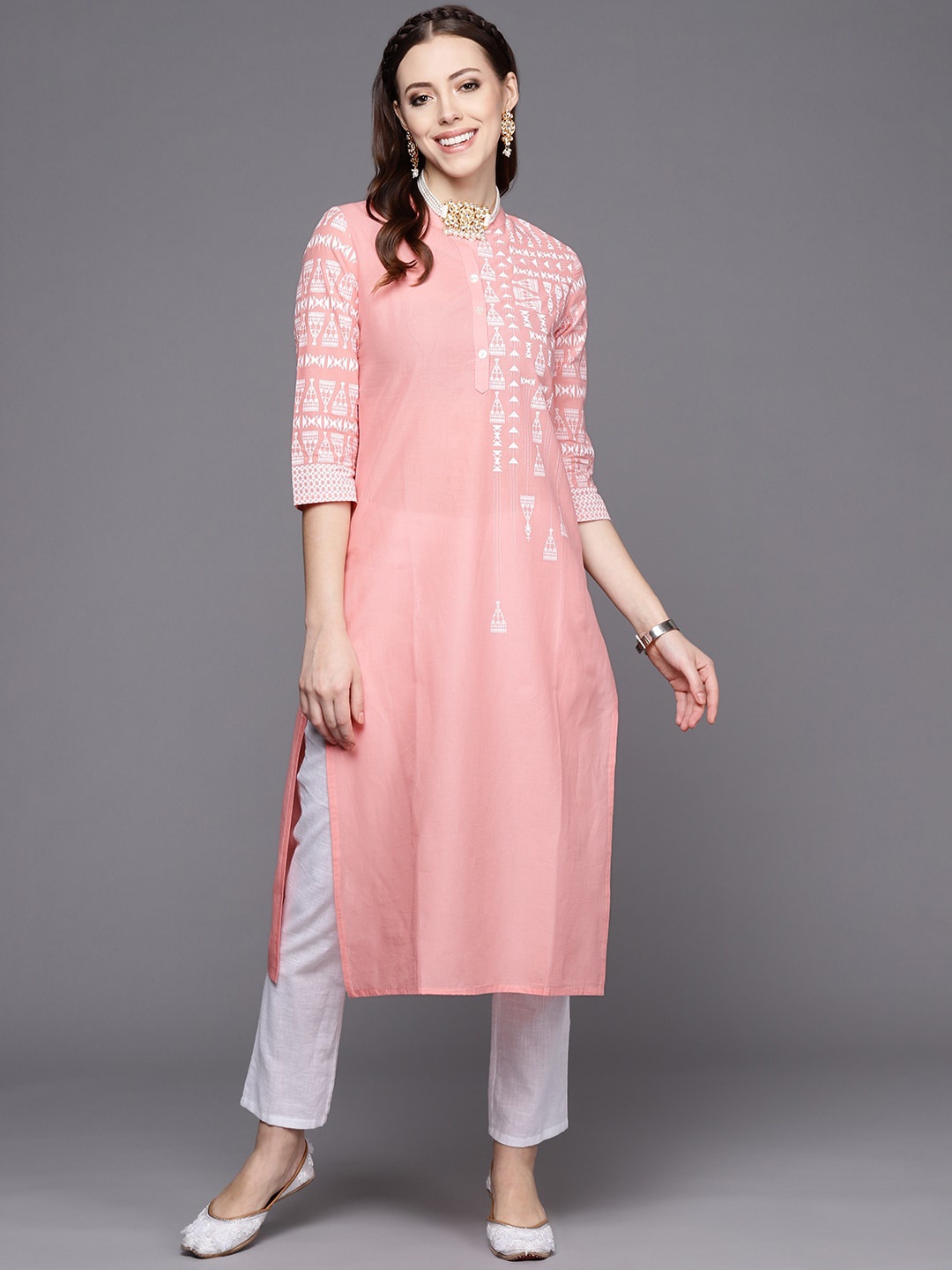 

KALINI Women Ethnic Motifs Printed Mandarin Collar Cotton Kurta, Peach