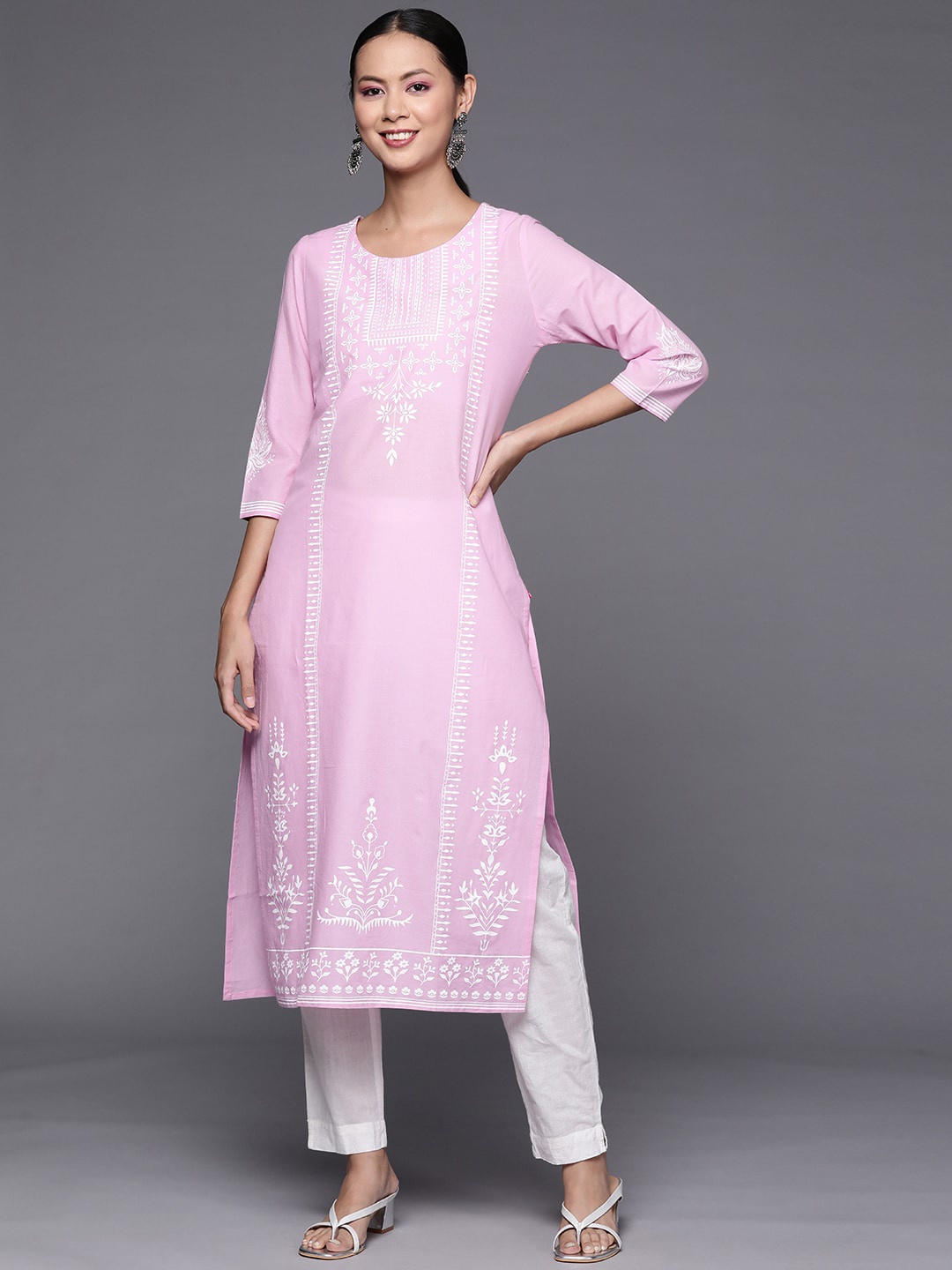 

KALINI Women Ethnic Motifs Printed Round Neck Cotton Kurta, Pink