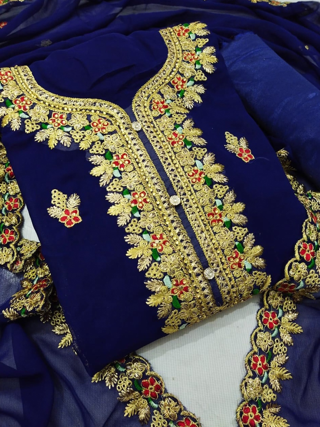 

KALINI Embroidered Unstitched Dress Material, Navy blue
