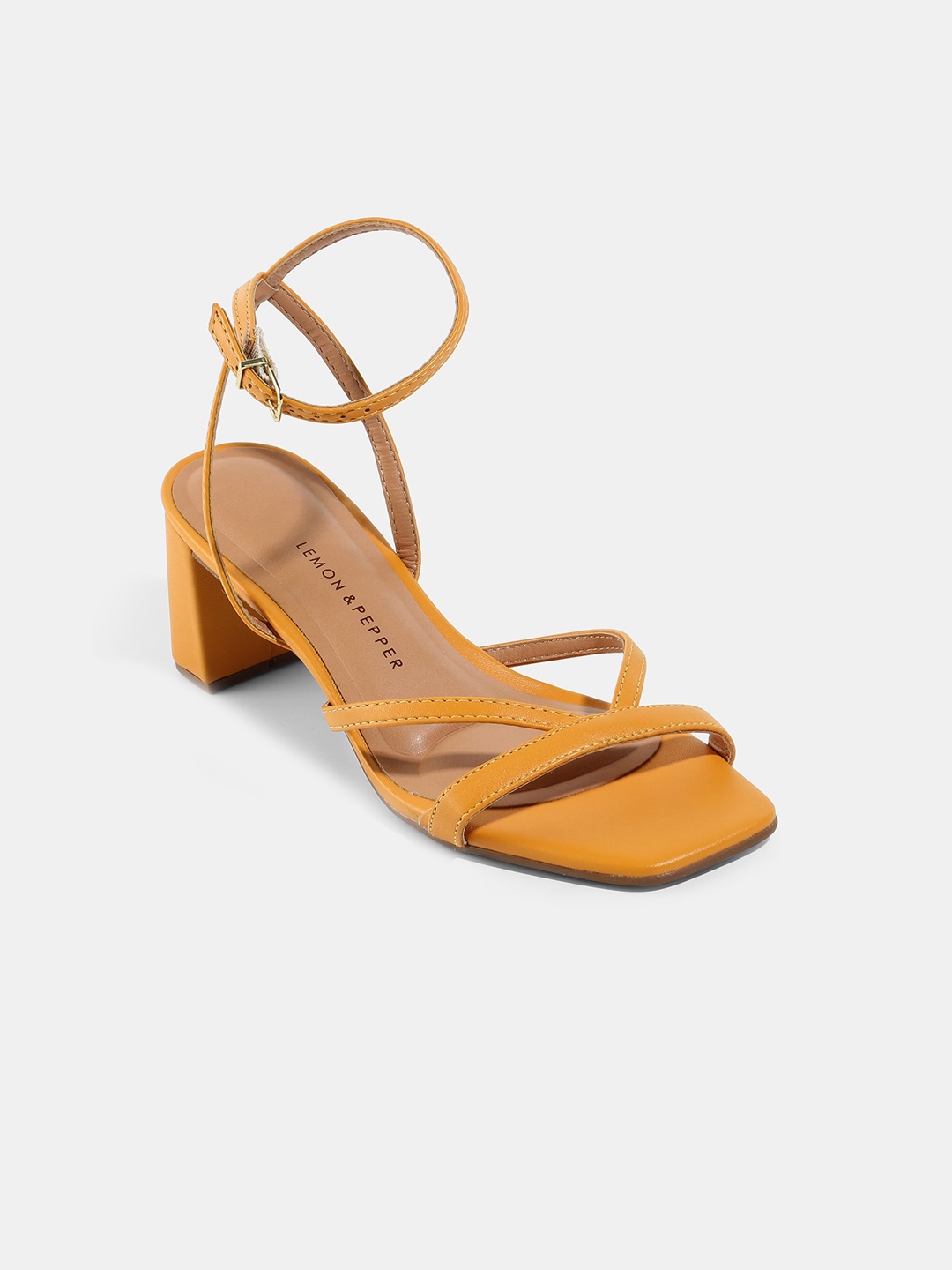 

LEMON & PEPPER Women Open Toe Block Heels, Mustard