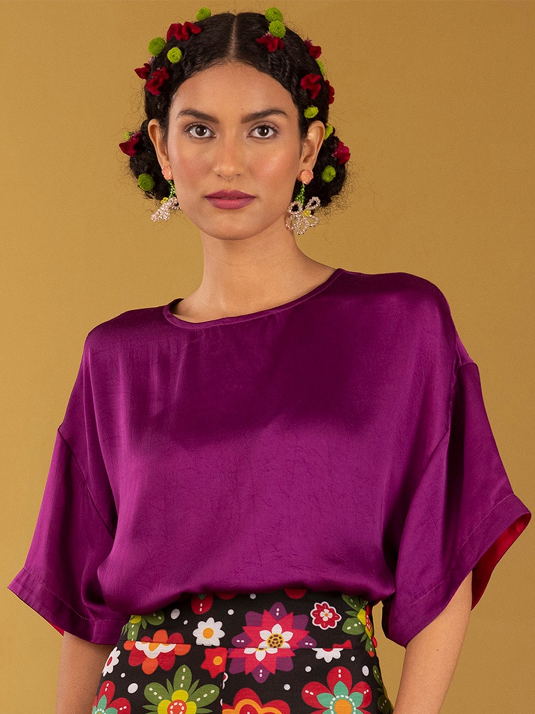 

Pink Fort Drop Shoulder Sleeves Boxy Top, Purple