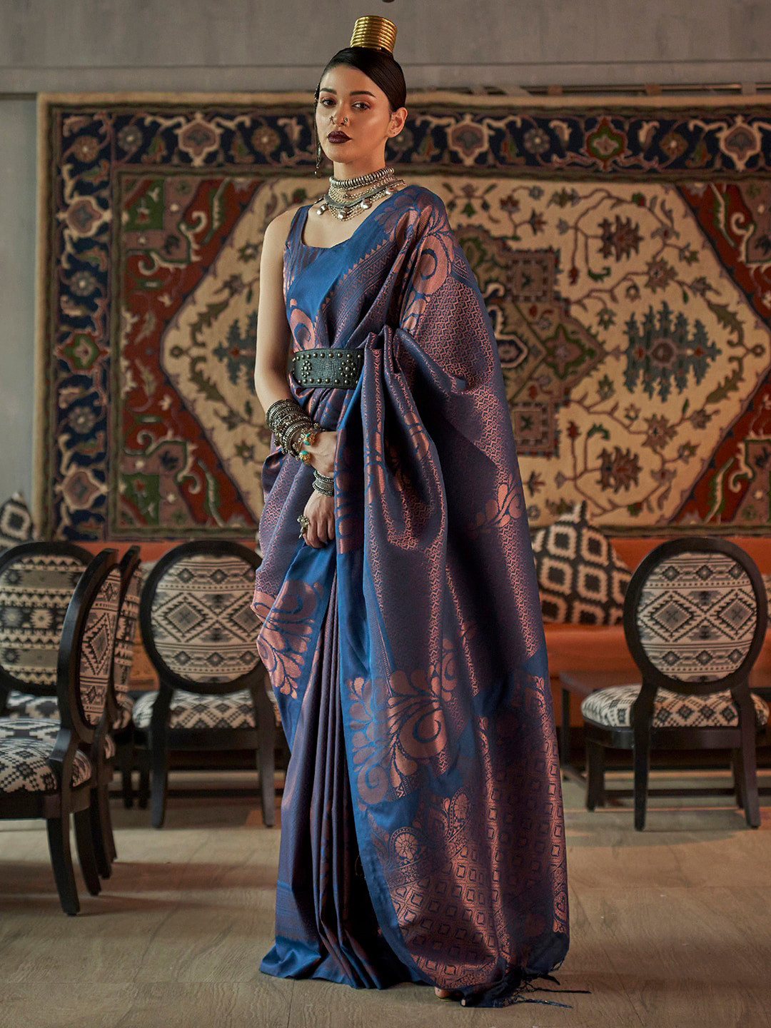 

Saree mall Ethnic Motifs Zari Kanjeevaram Saree, Navy blue