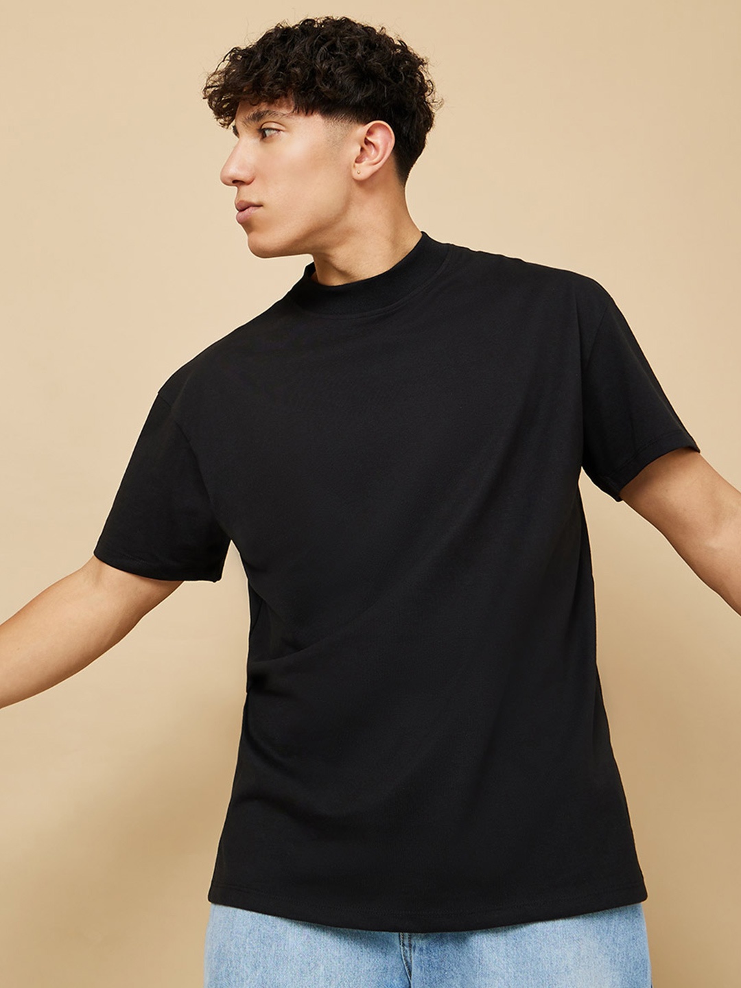 

Styli Men Cotton High Neck Oversized T-Shirt, Black
