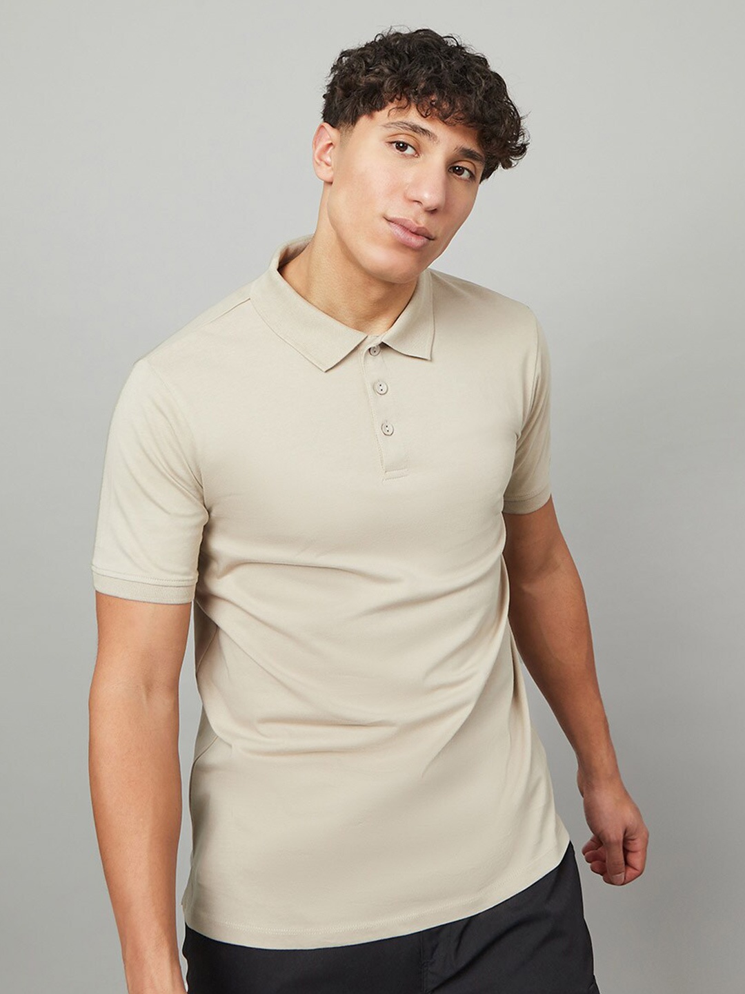 

Styli Compact Cotton Jersey Regular Polo with Flatknit Collar T-shirt, Grey