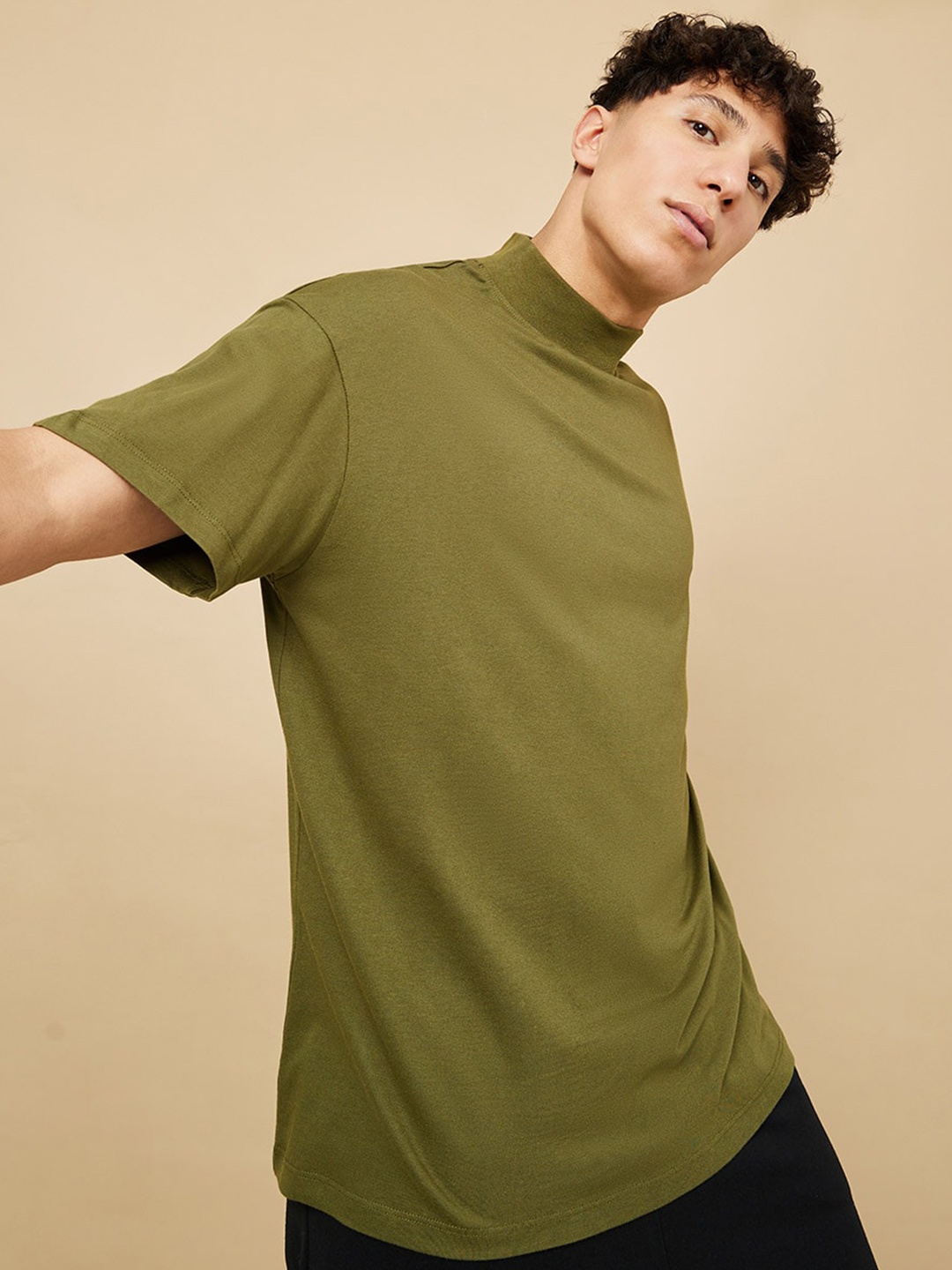 

Styli Men High Neck Cotton Loose T-shirt, Olive