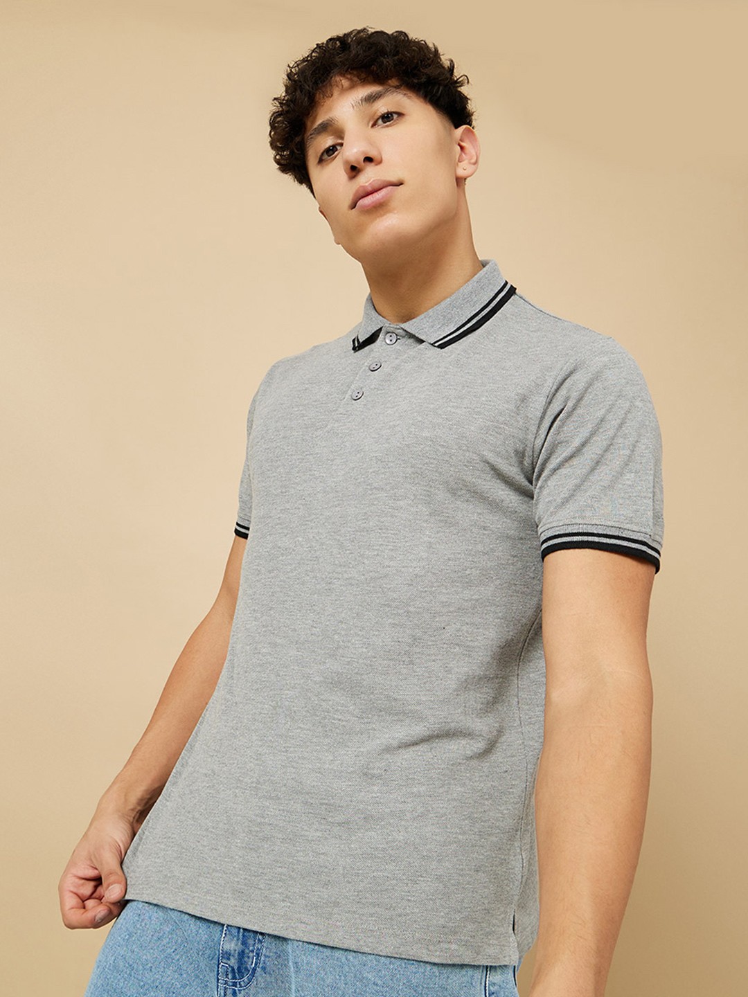 

Styli Men Pique Cotton Polo Collar T-shirt, Grey