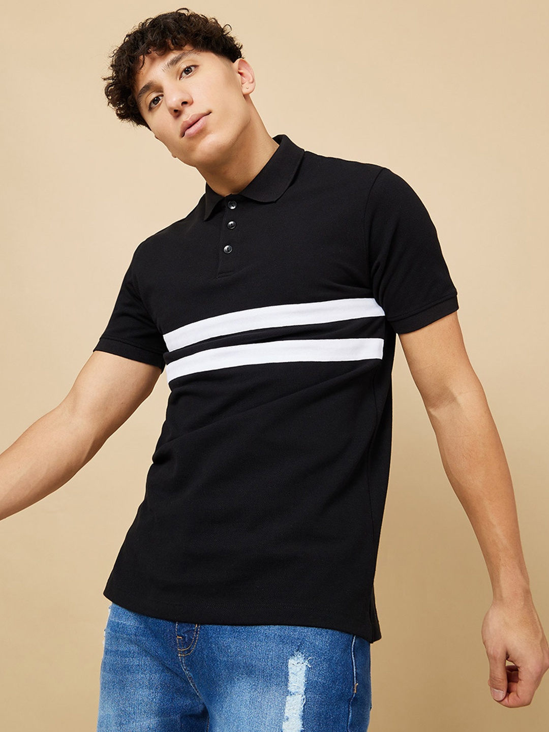 

Styli Men Striped Polo Collar Pique Knitted T-shirt, Black