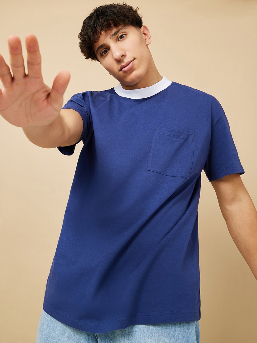

Styli Cotton Oversized Contrast Wide Ribbed T-Shirt, Blue