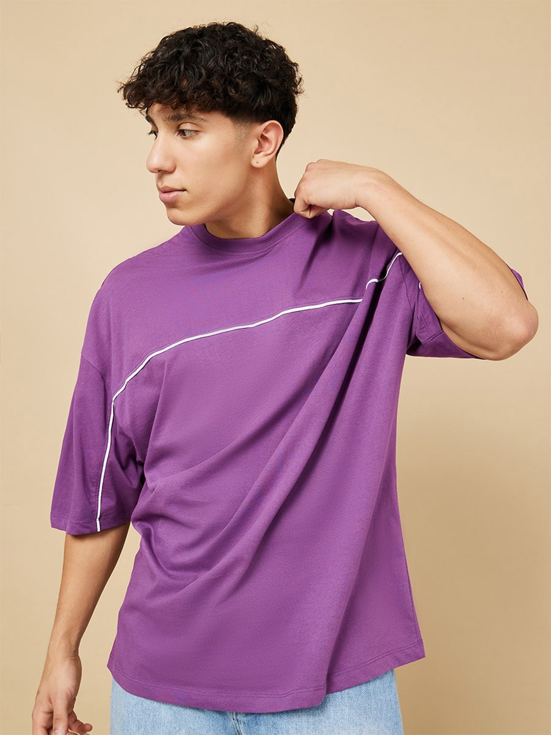 

Styli Men Cotton Contrast Seam Insert Boxy T-Shirt, Purple