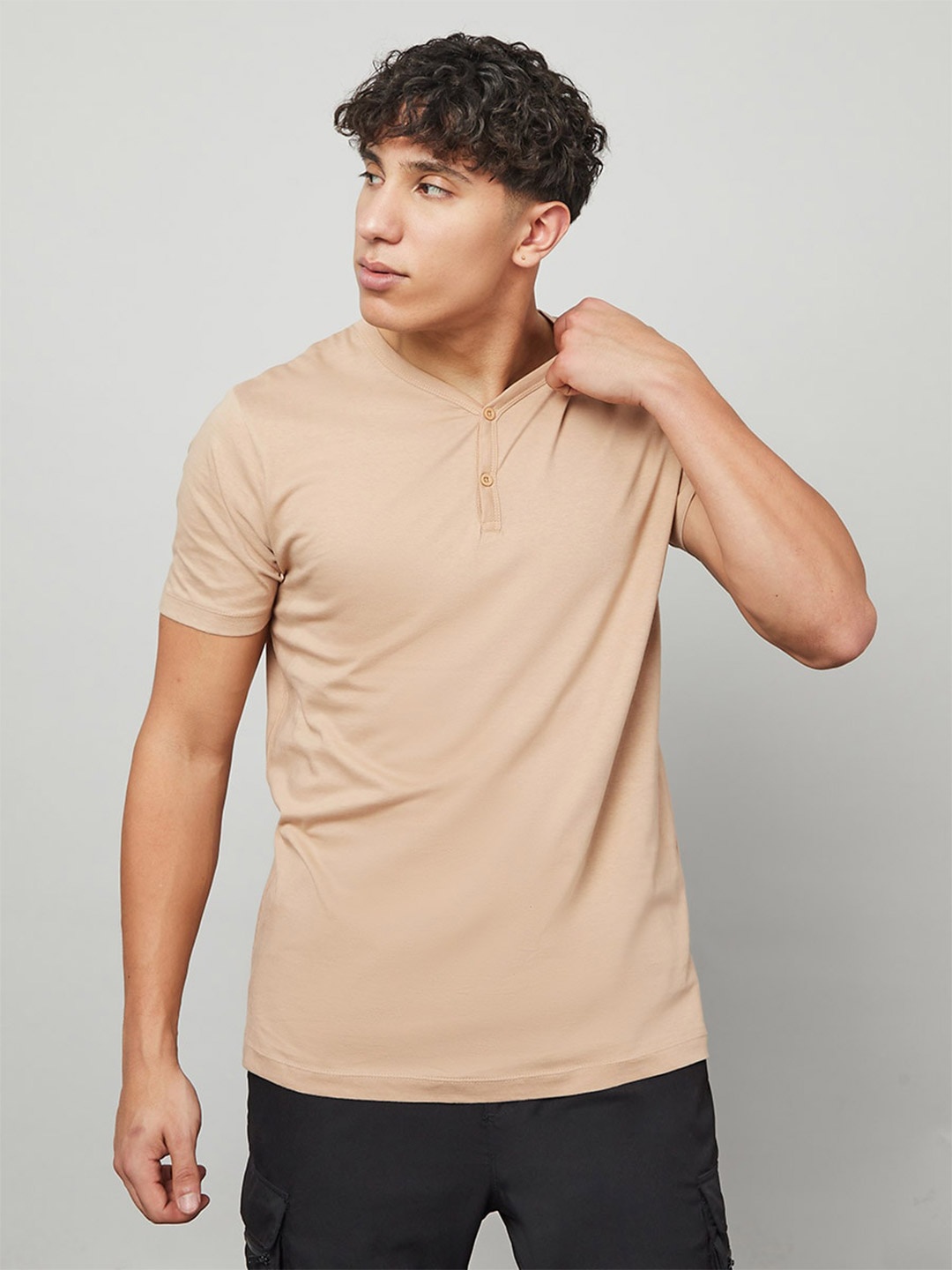 

Styli Men Henley Neck Cotton Regular Fit T-Shirt, Beige