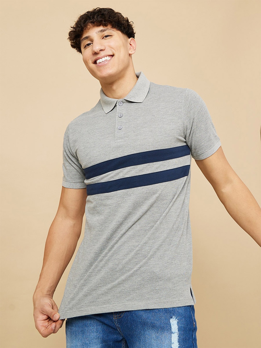 

Styli Men Cotton Contrast Striped Pique Polo Collar T-shirt, Grey