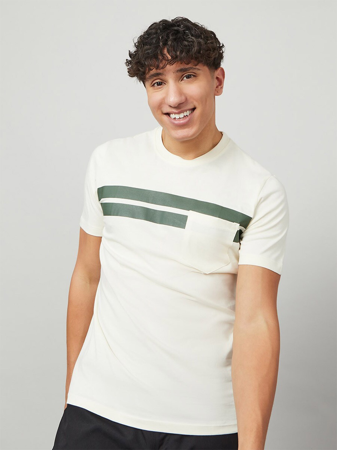 

Styli Men Striped Cotton T-shirt, Cream
