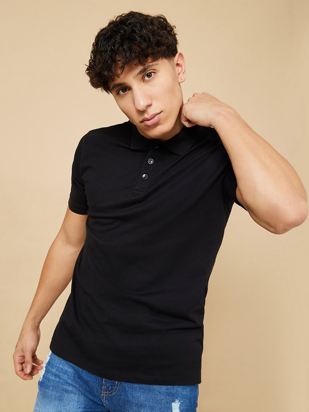 

Styli Men Compact Cotton Flatknit Collar T-Shirt, Black