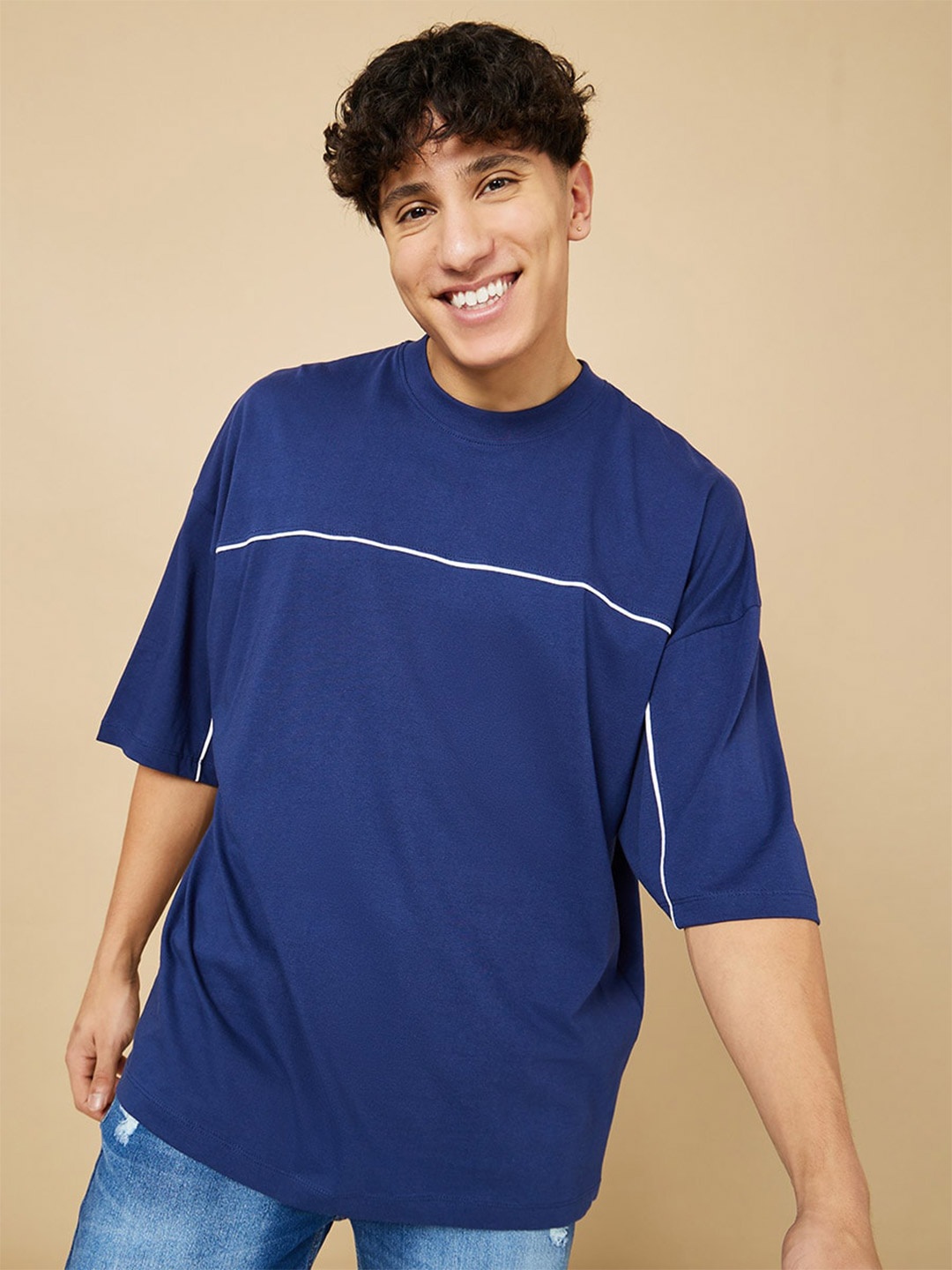 

Styli Men Cotton Drop-Shoulder Sleeves Boxy T-shirt, Navy blue