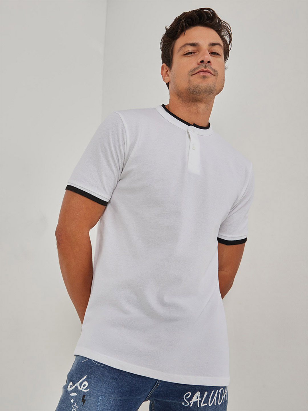 

Styli Men Pique Polo with Stand Up Collar & Tipping Detail, White