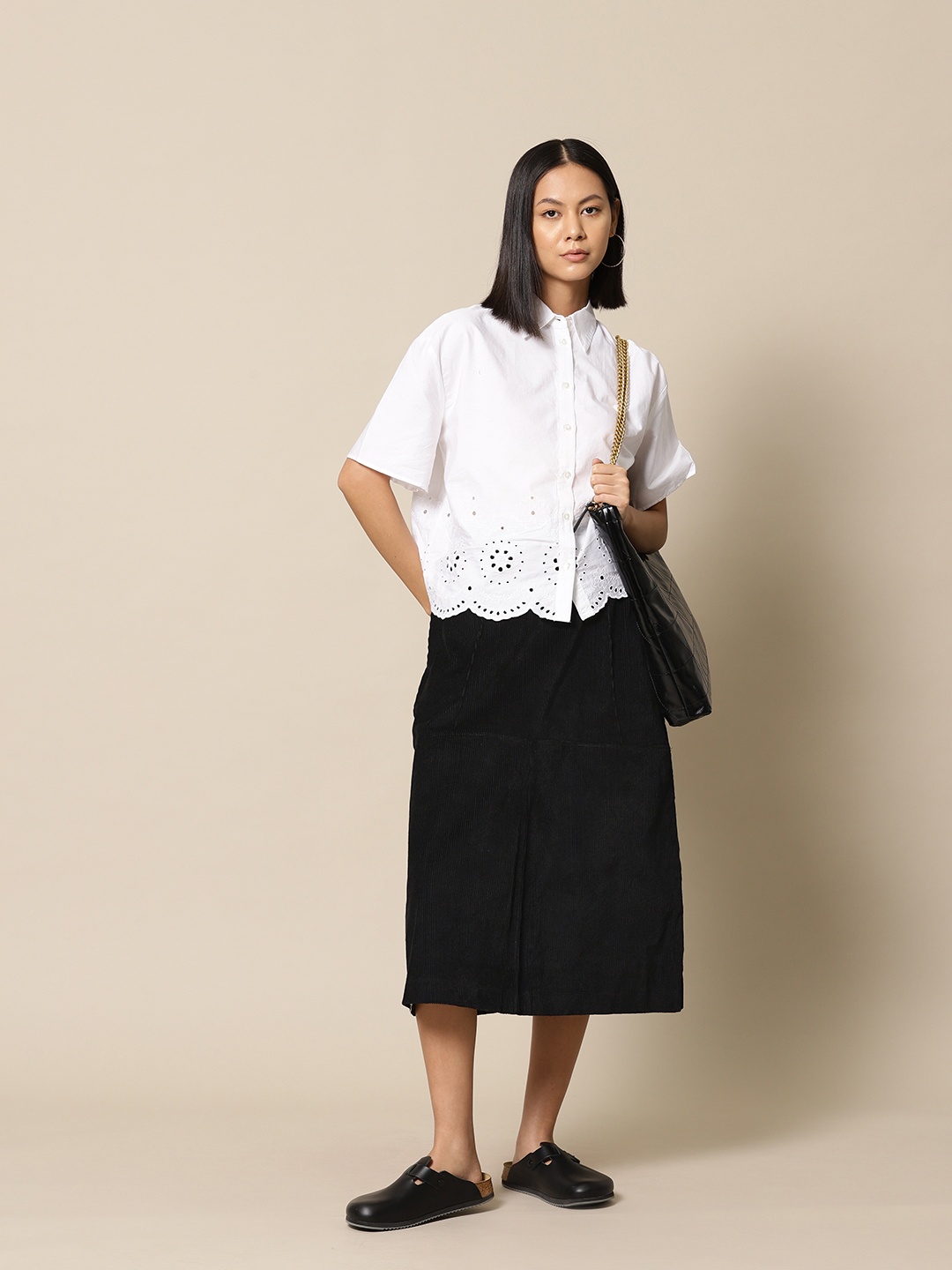 

BOWER Self-Striped A-Line Skirt, Black