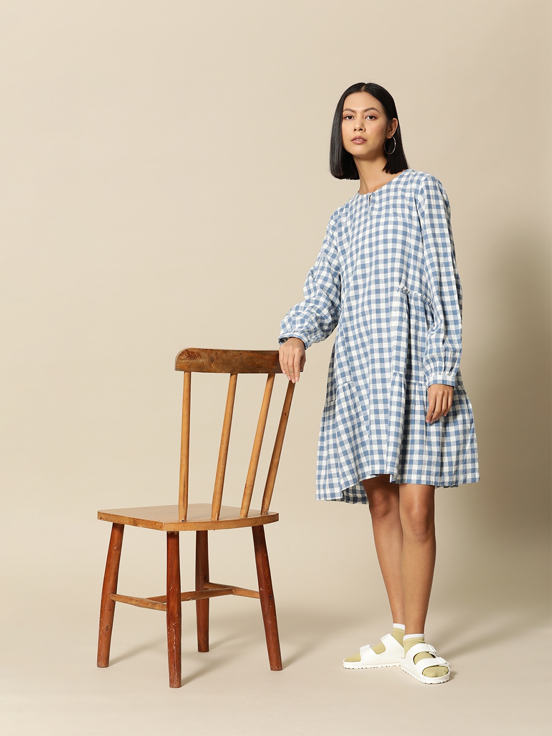 

BOWER Checked Linen Cotton A-Line Tiered Dress, Blue
