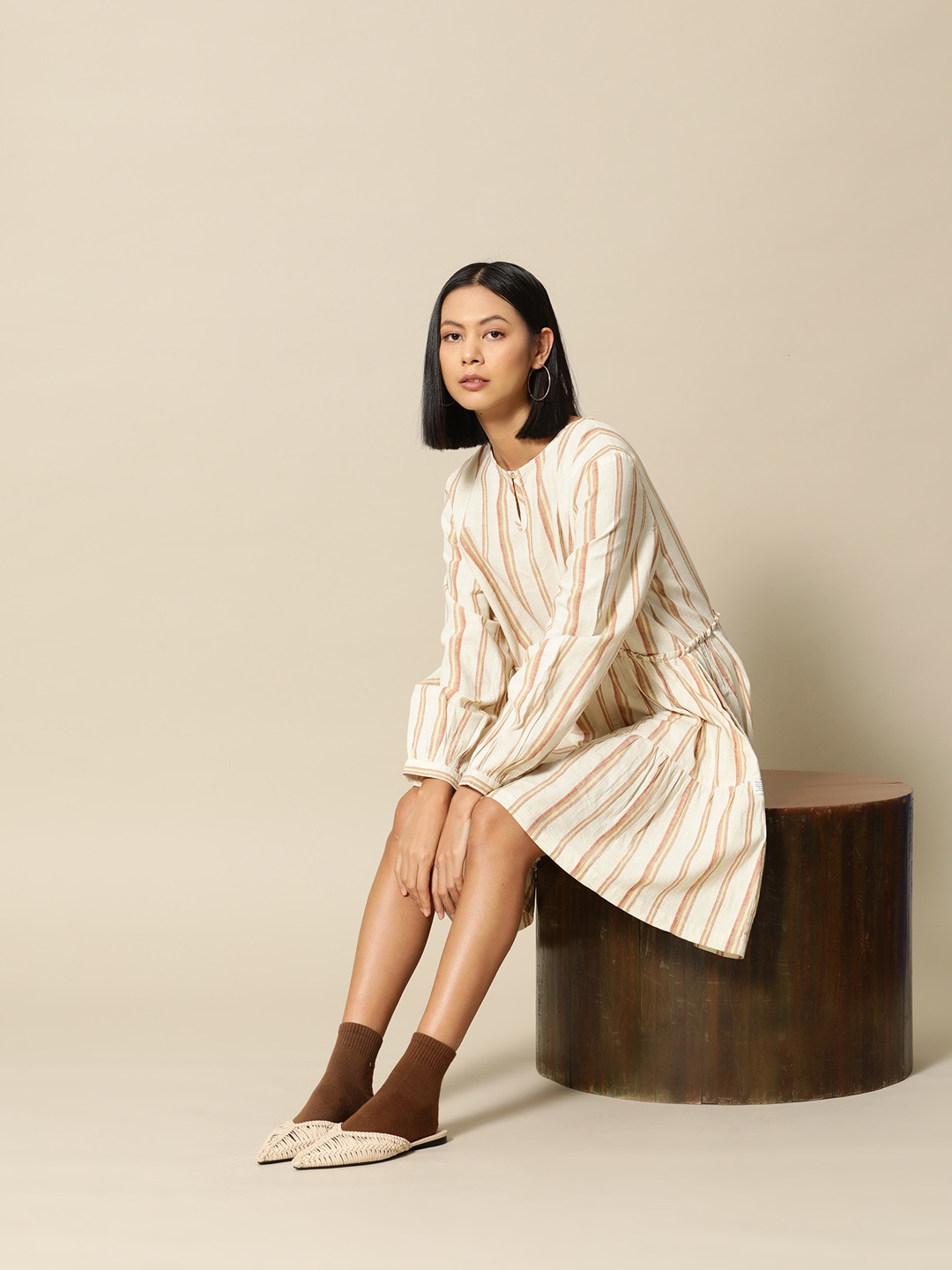 

BOWER Striped Linen Cotton A-Line Tiered Dress, Cream