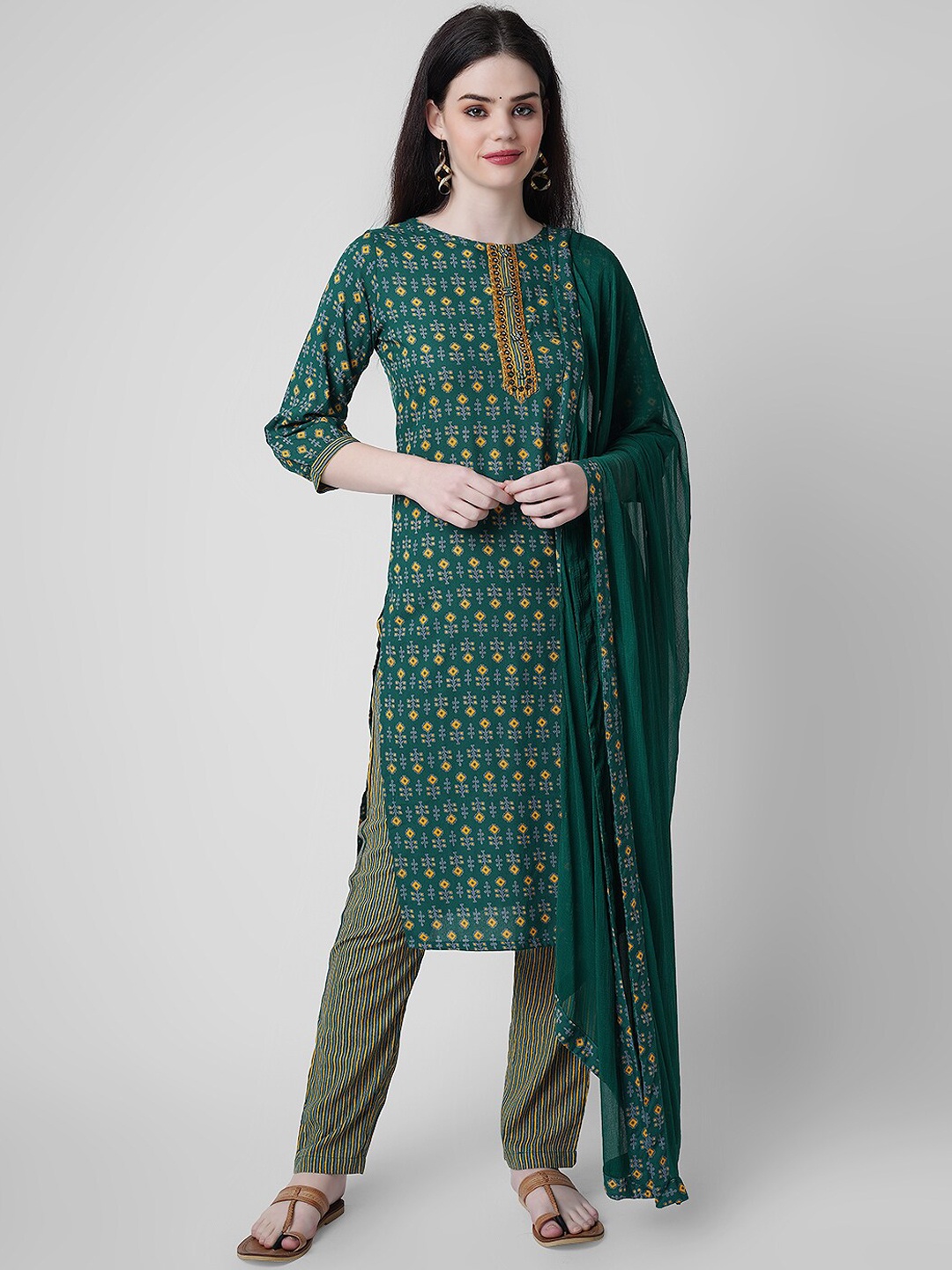 

KALINI Embroidered Straight Kurta with Trousers & With Dupatta, Green
