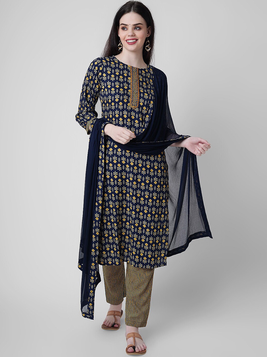 

KALINI Embroidered Straight Kurta with Trousers & With Dupatta, Navy blue