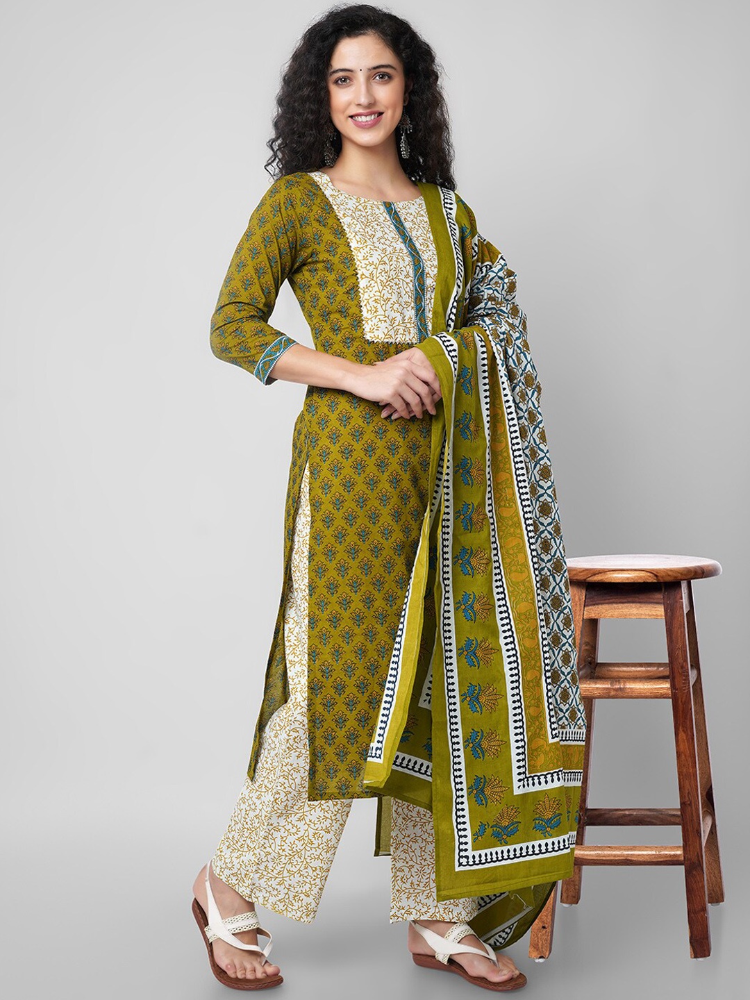 

KALINI Printed Pure Cotton Straight Kurta with Palazzos & With Dupatta, Green