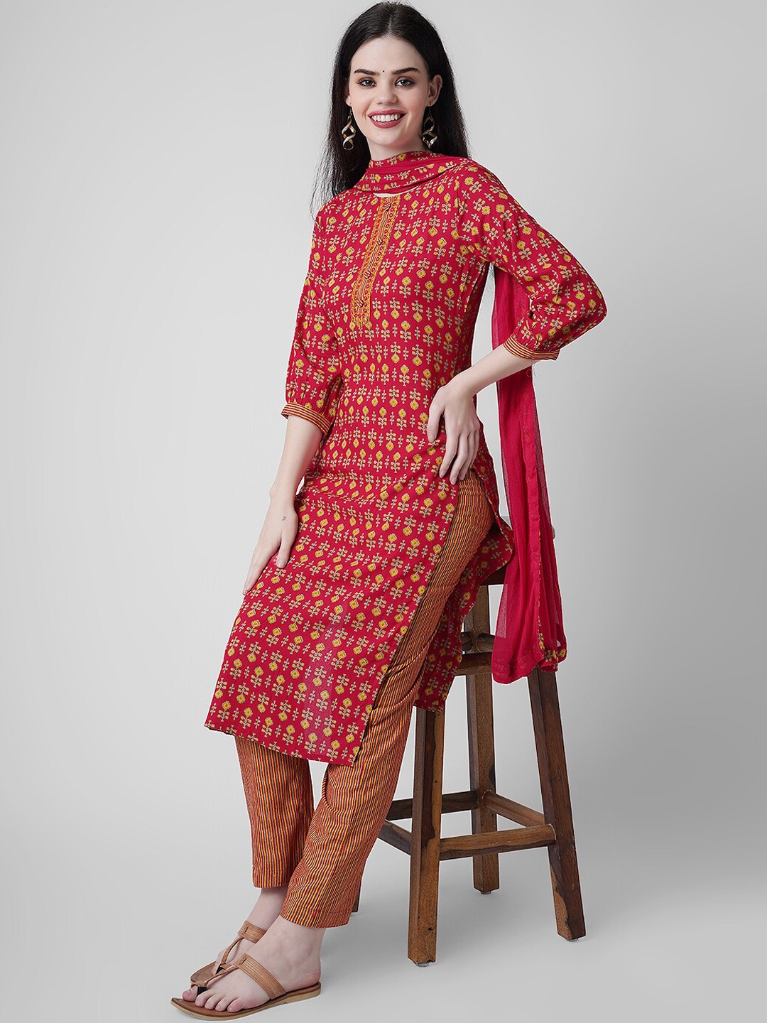 

KALINI Embroidered Straight Kurta with Trousers & With Dupatta, Red