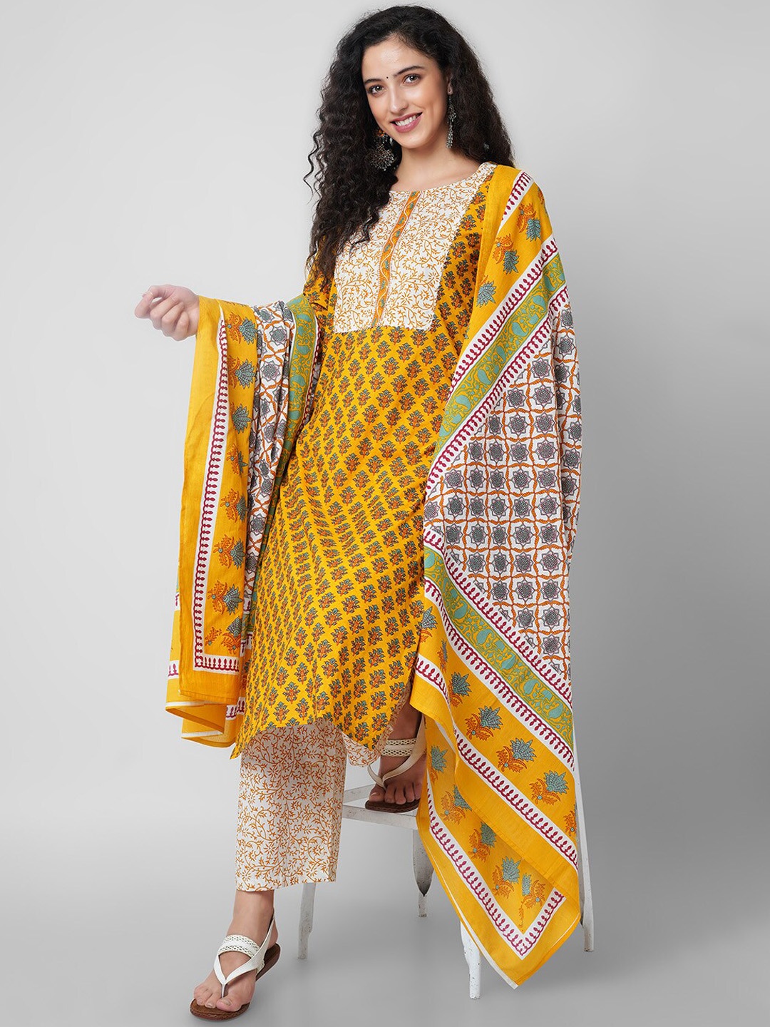 

KALINI Women Ethnic Motifs Printed Pure Cotton Kurta with Palazzos & With Dupatta, Mustard