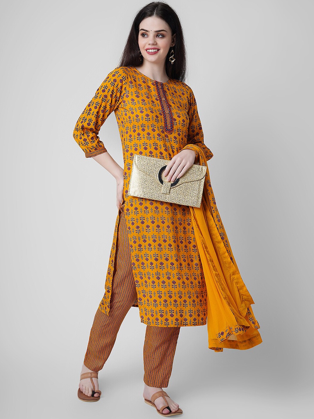 

KALINI Women Ethnic Motifs Printed Kurta with Trousers & Dupatta, Mustard