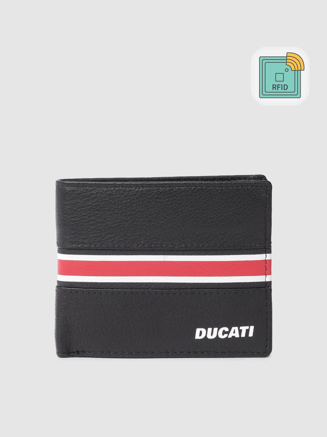 

Ducati Men Striped & Textured Leather Two Fold Wallet With RFID & Brand Logo Print Detail, Black